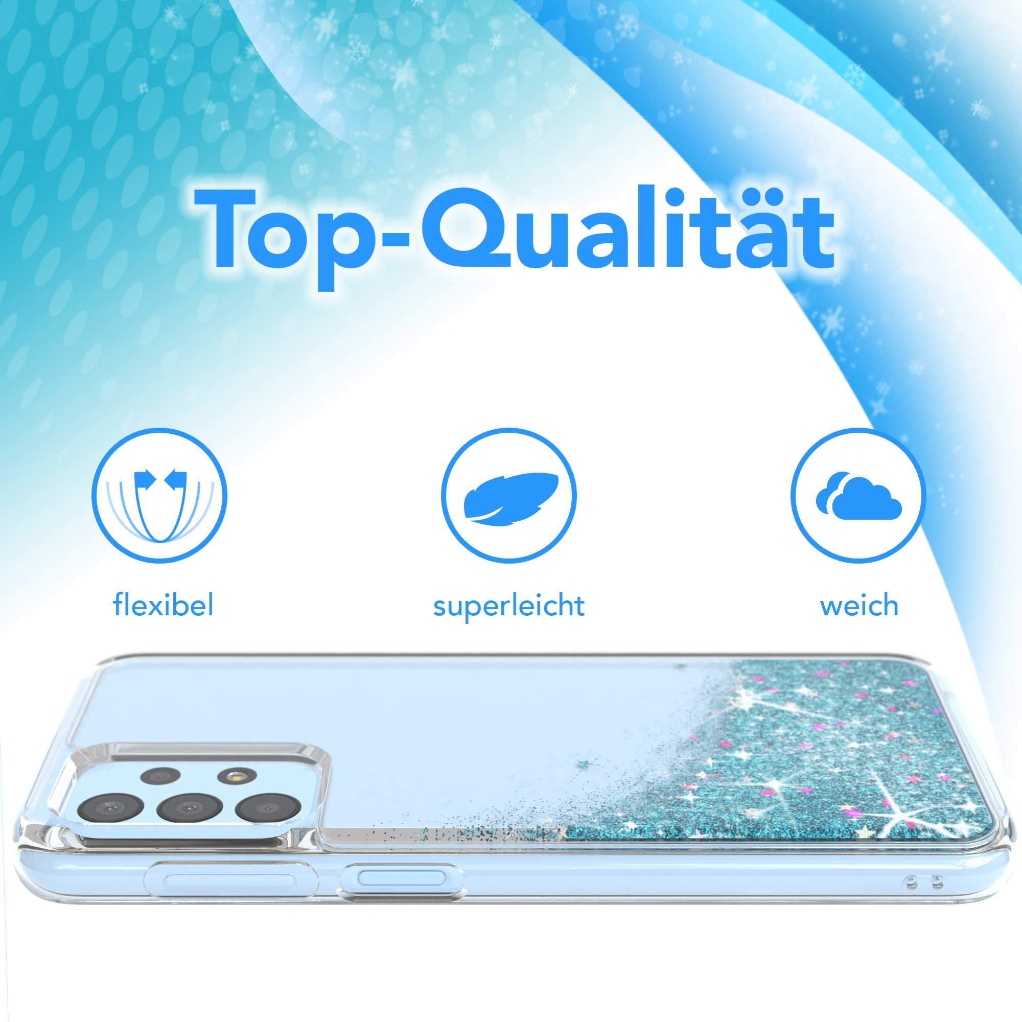 Transparente Handyhülle mit blauem Glitzerdesign. Text: 'Top-Qualität' und 'flexibel, superleicht, weich'.