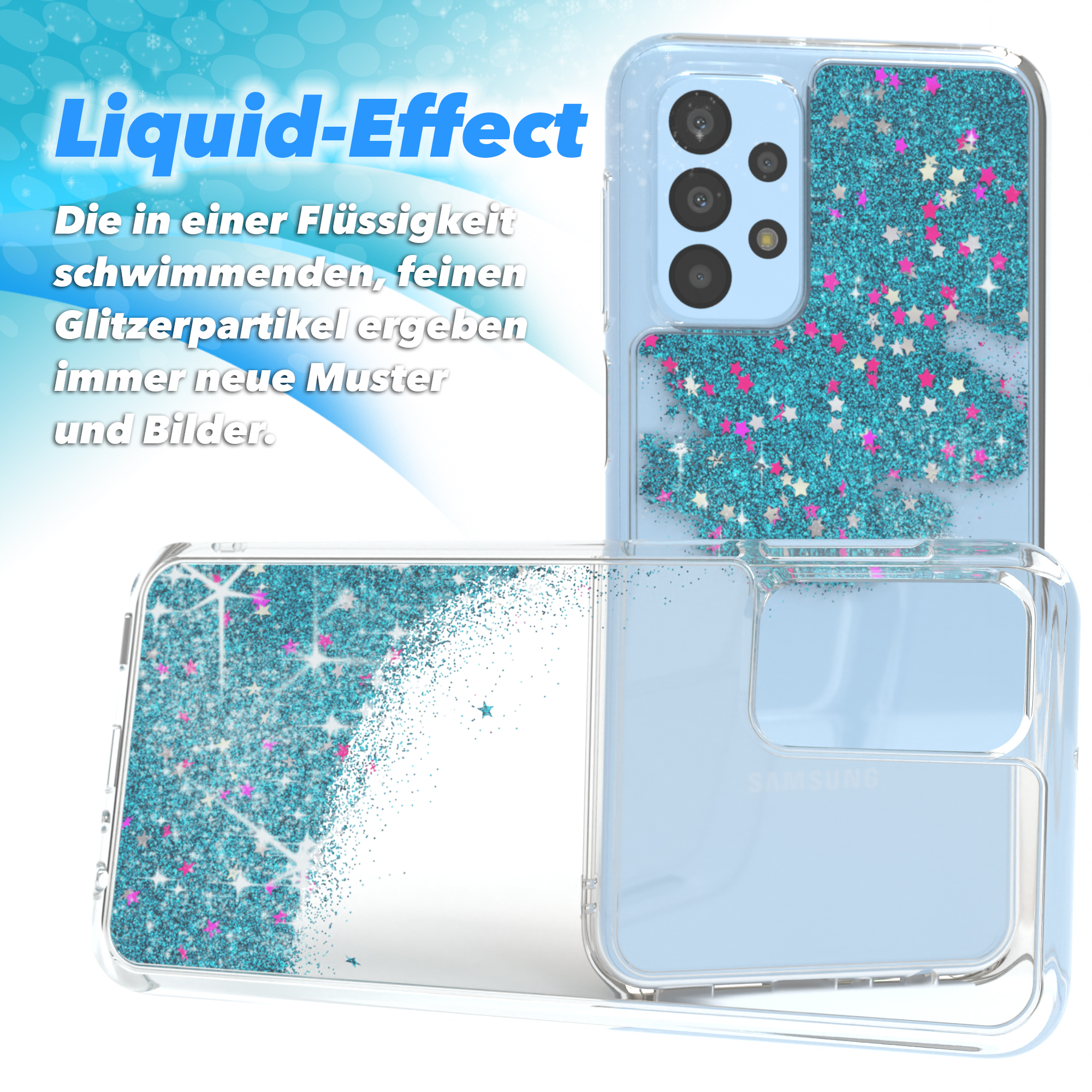 Blaue Handyhülle mit Glitzer. Das Telefon ist in einer transparenten Hülle mit blauem Glitzer und rosa Sternen.