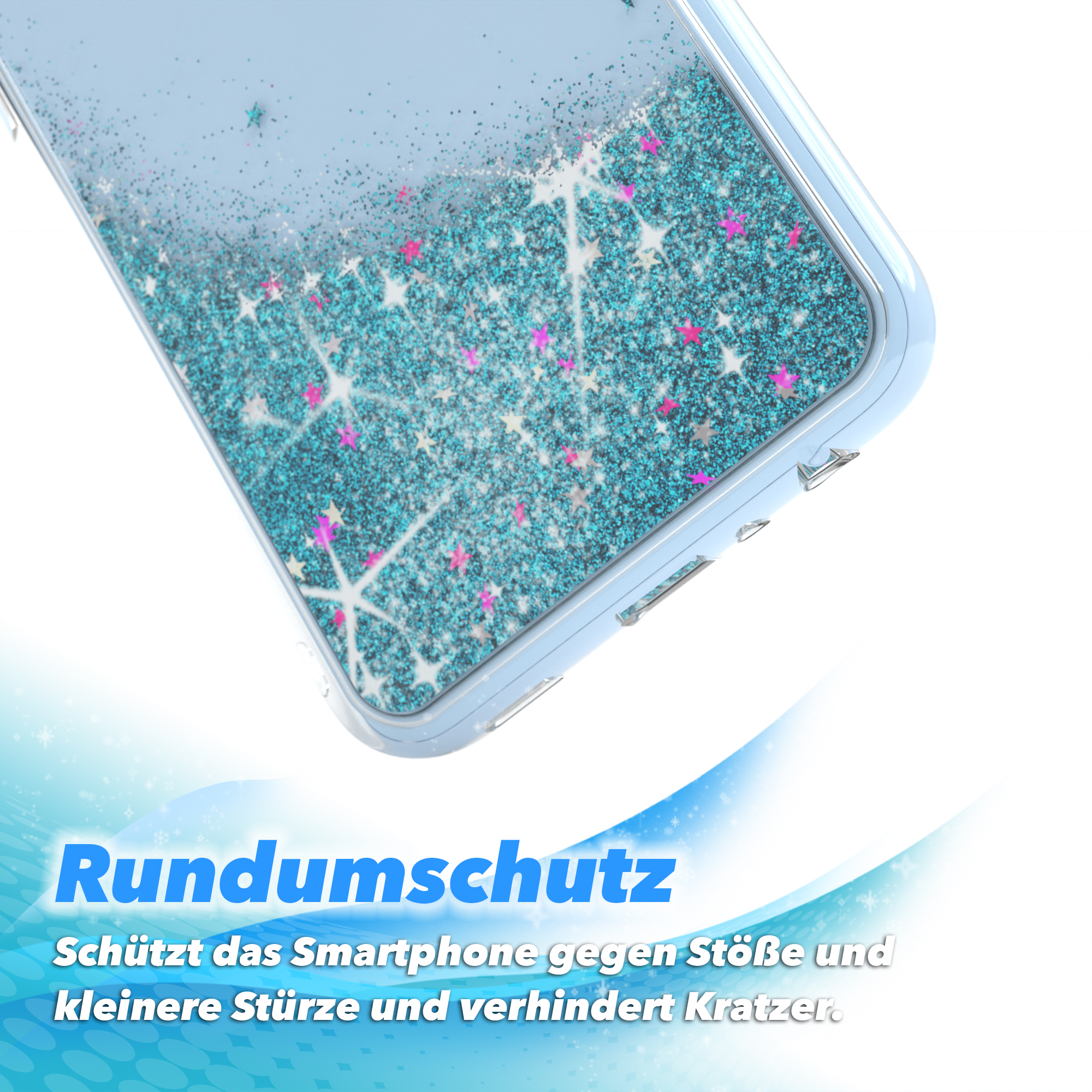 Eine Handyhülle mit Glitzer und blauem Hintergrund. Die Hülle ist im Vordergrund.
