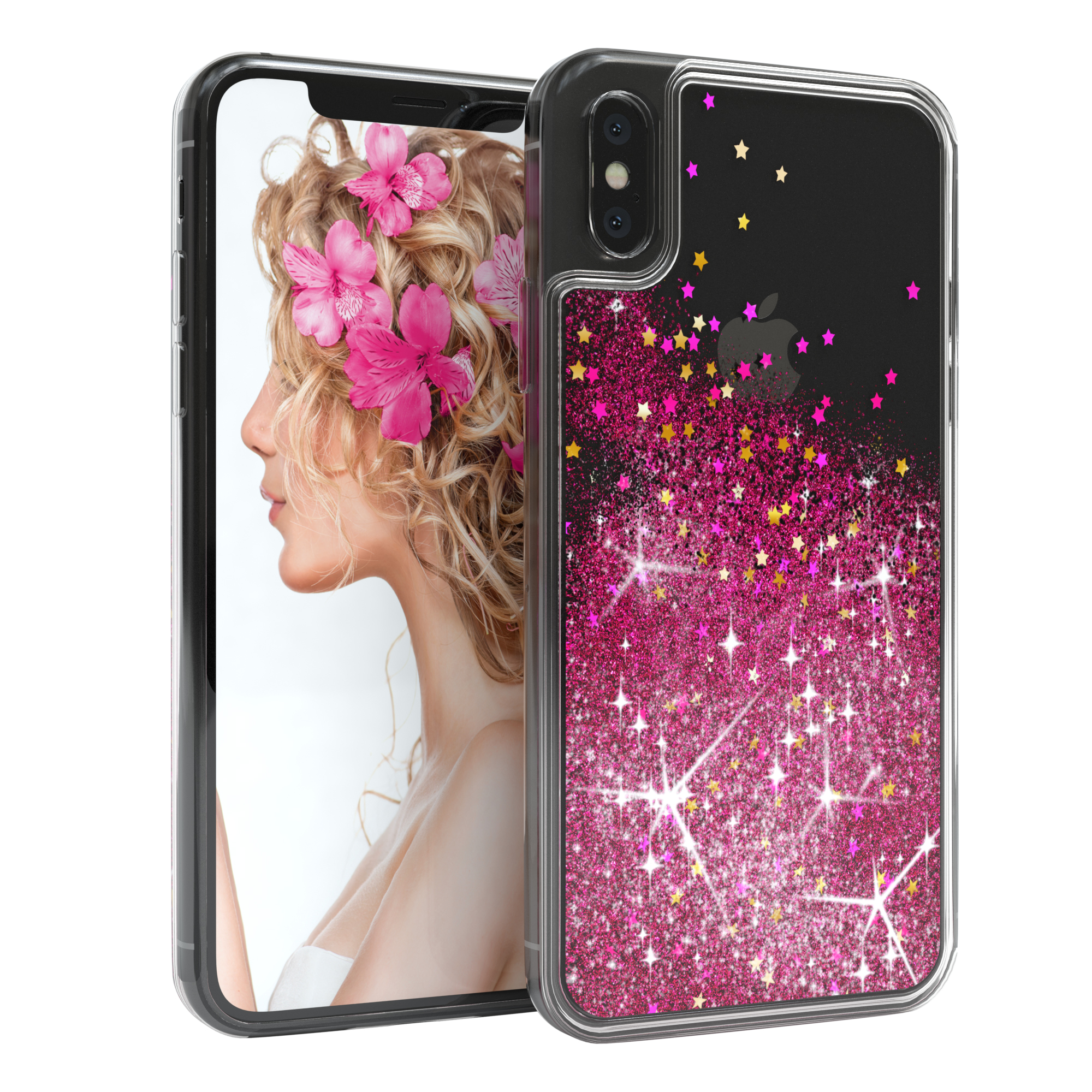 Telefon mit Frauenprofil, rosa Blumen und klarer Hülle mit rosa Glitzer.