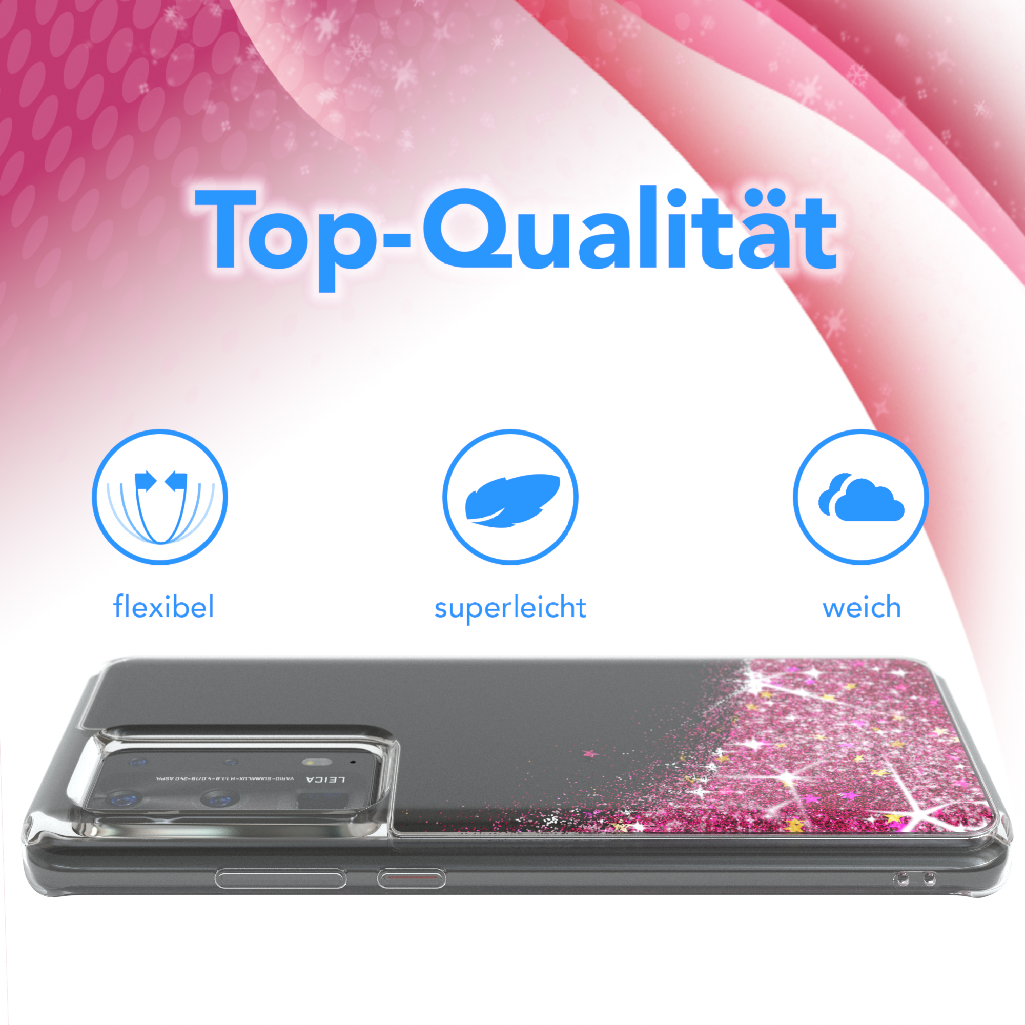 Handyhülle mit pinkem Glitzer und transparenten Seiten auf weißem Hintergrund. Text: Top-Qualität, flexibel, superleicht, weich.
