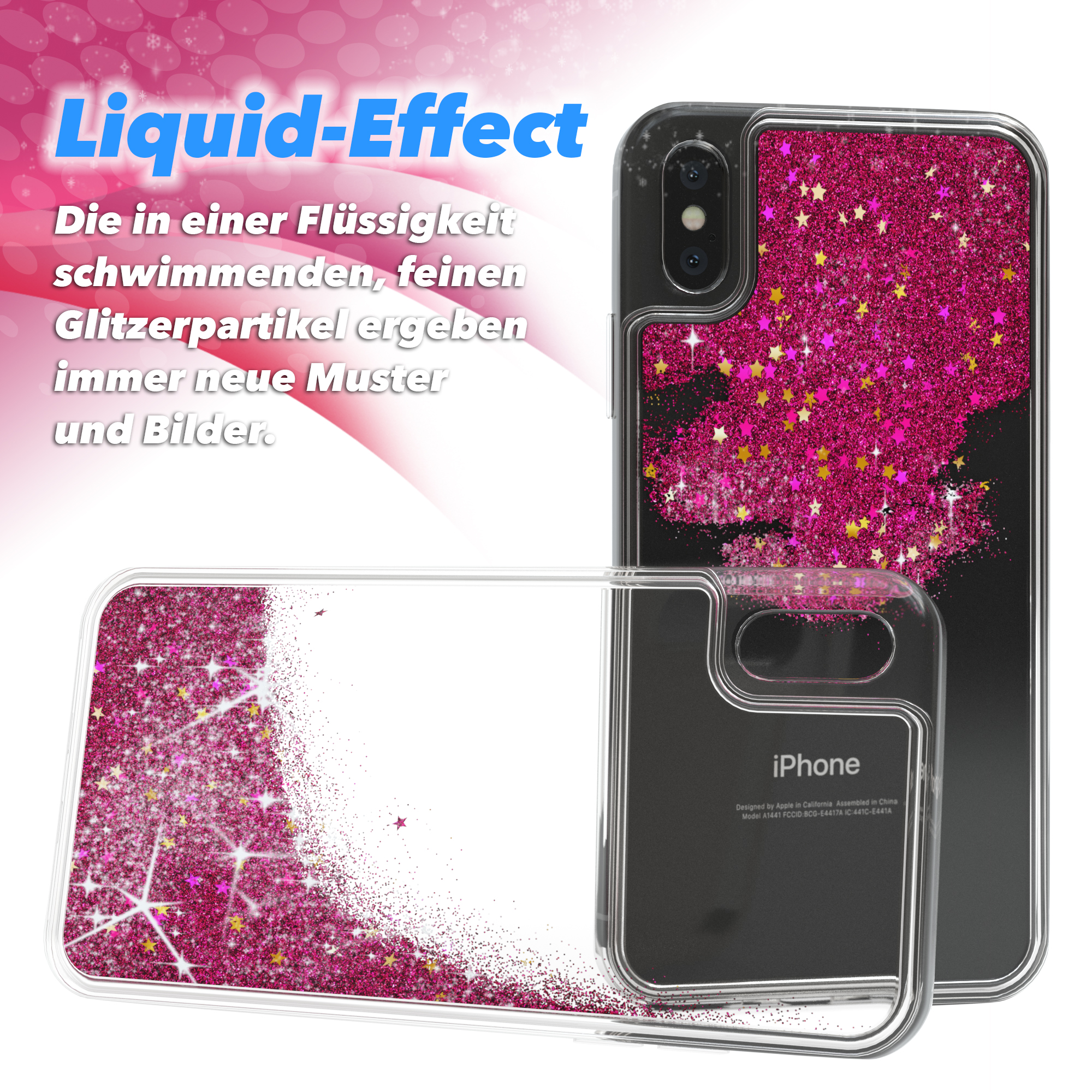 Transparente iPhone-Hülle mit rosa Glitzer und Sternen. Das Telefon ist auf weißem Hintergrund.