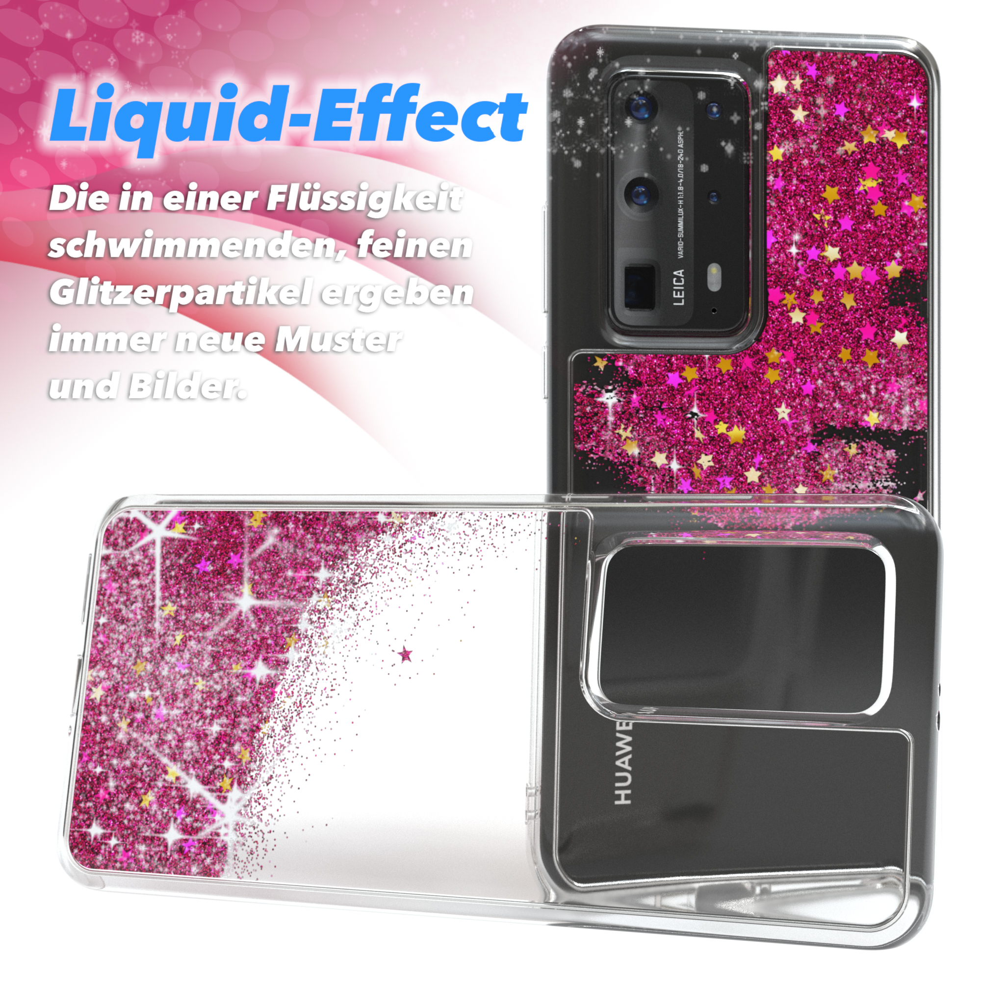 Handyhülle mit Flüssigkeits-Glitzer-Effekt und Telefon. Text auf Deutsch. Pinker Glitzer.