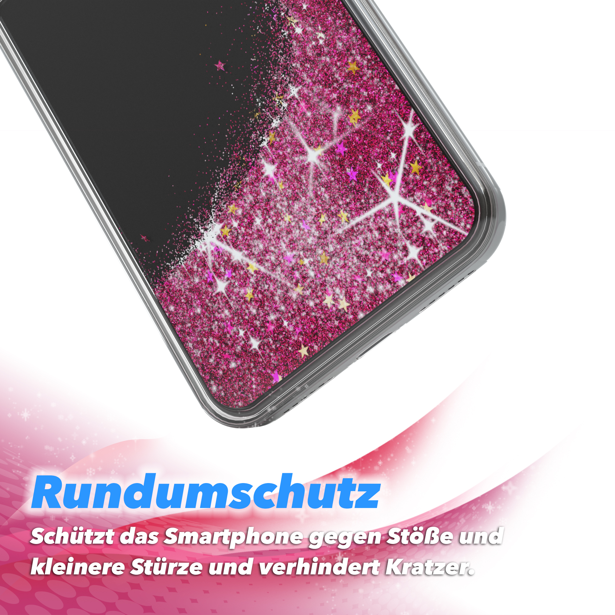 Handyhülle mit Glitzer und Sternen. Die Hülle hat einen klaren Rand. Der Glitzer ist rosa und Sterne sind weiß.
