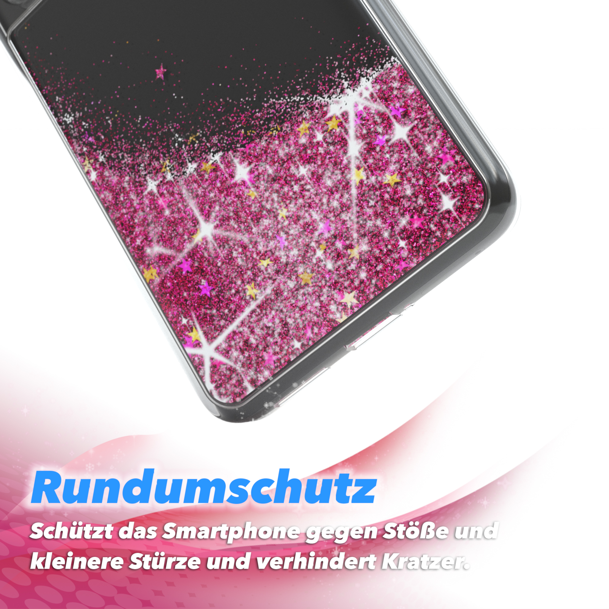 Nahaufnahme einer Handyhülle mit rosa Glitzer und Sternen mit dem Text 'Rundumschutz'.