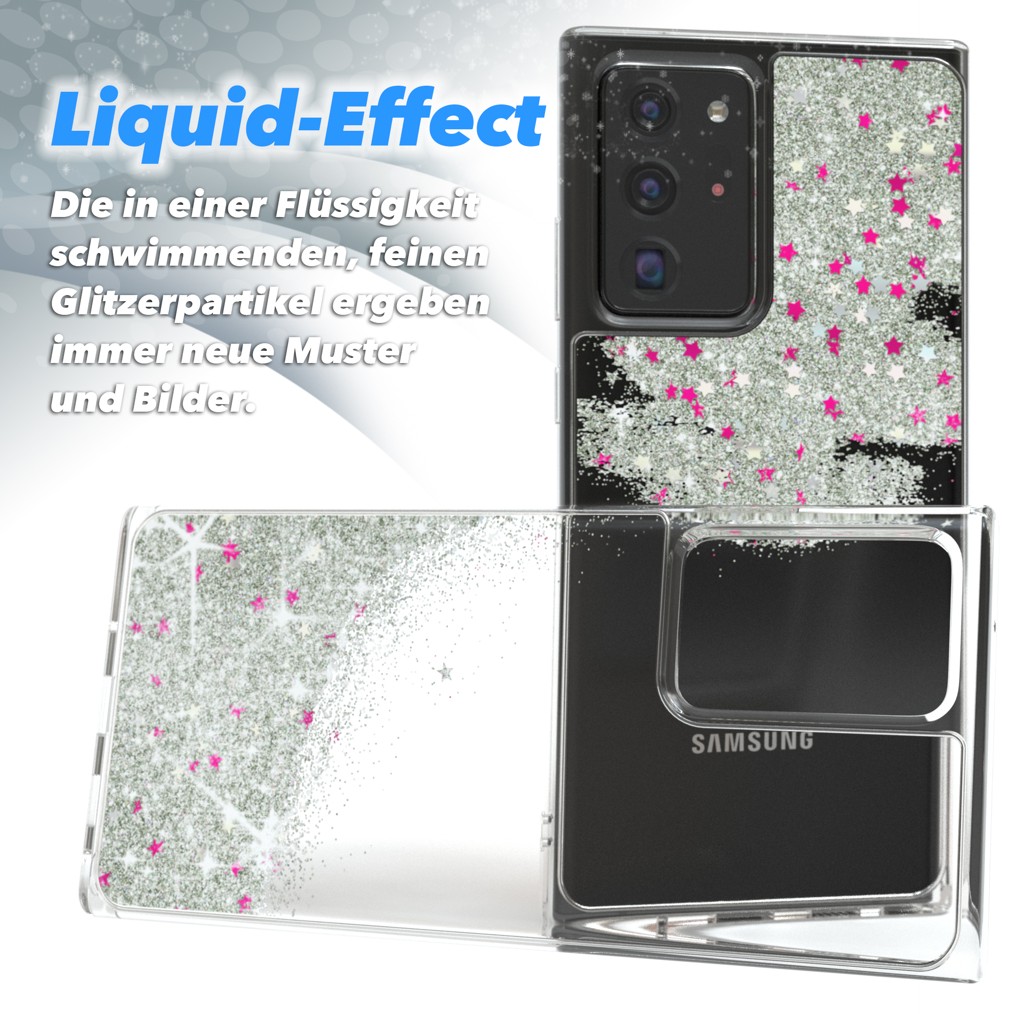 Handyhülle mit Flüssigglitzer-Effekt, silbernem Glitzer, transparente Hülle, weißer Hintergrund.