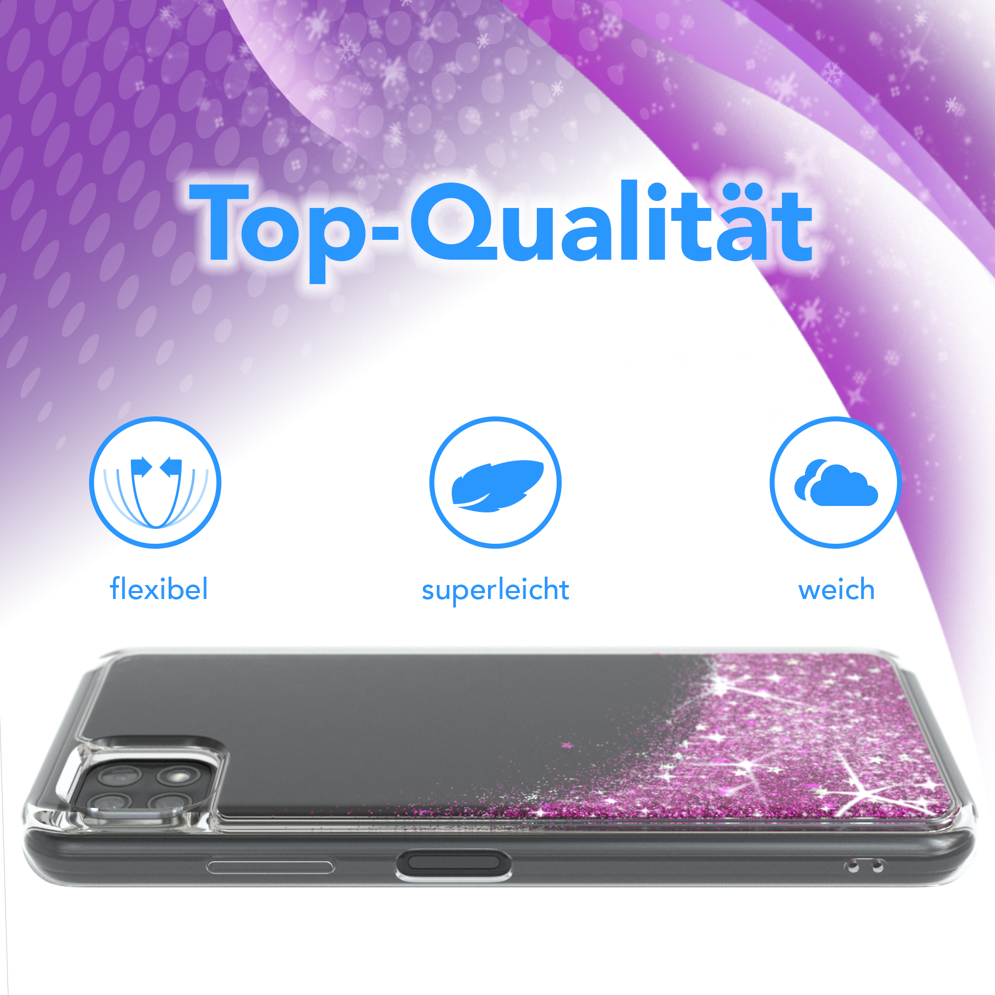 Handyhülle mit Glitzereffekt. Text: Top-Qualität. Icons: flexibel, superleicht, weich.
