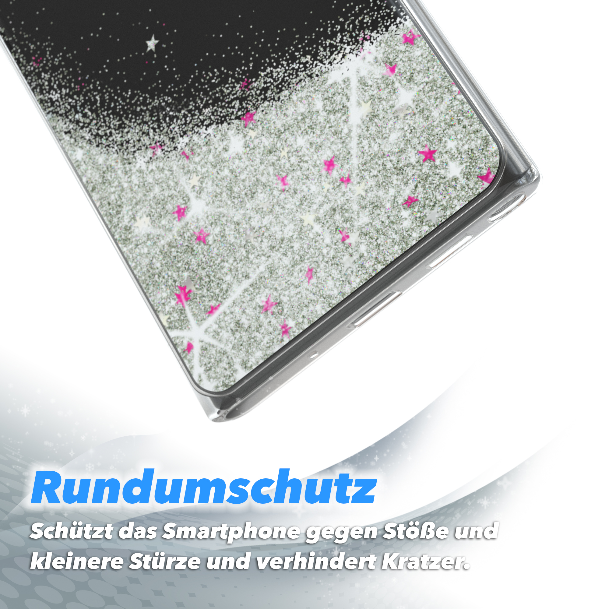 Handyhülle mit Glitzer, rosa Sternen auf schwarz-silbernem Hintergrund, klarer Rand.