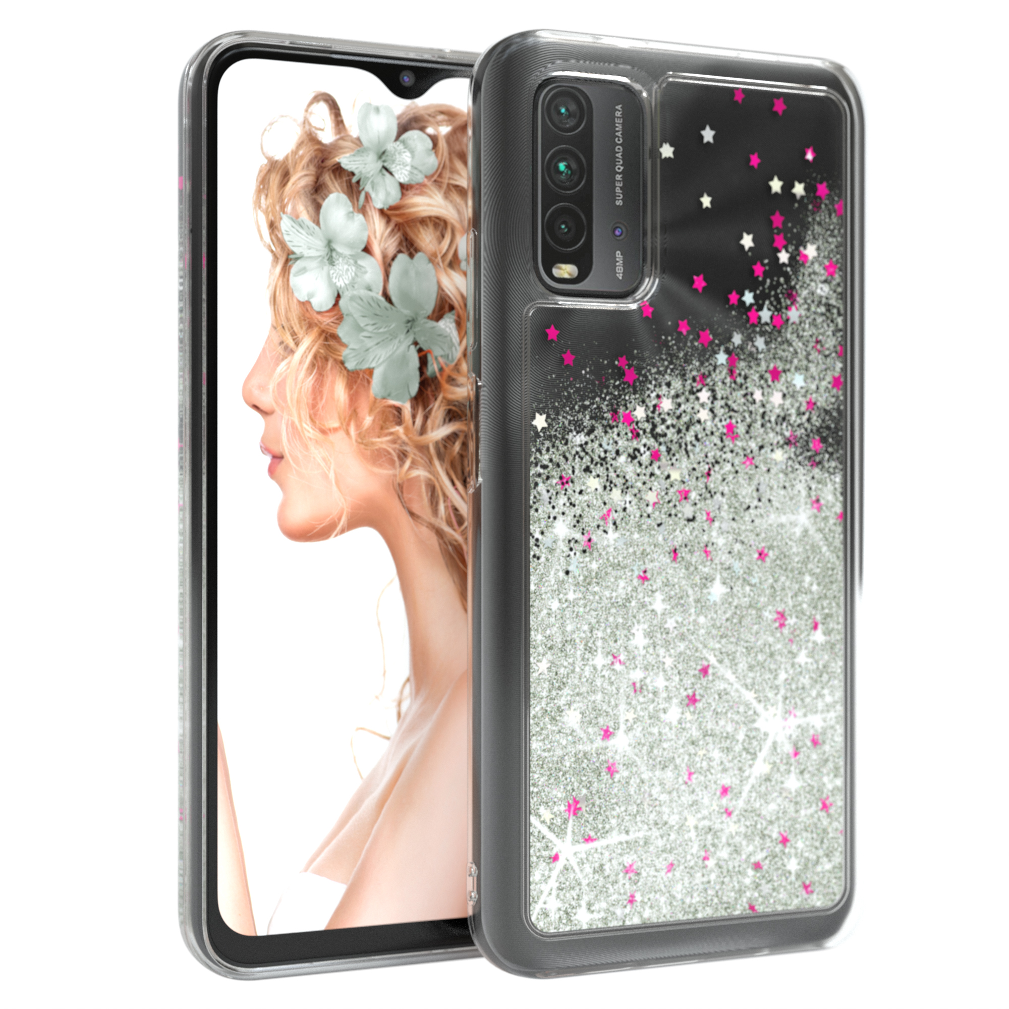 EAZY CASE Glitzerhülle Flüssig, Backcover, 9T, Xiaomi, Redmi Silber