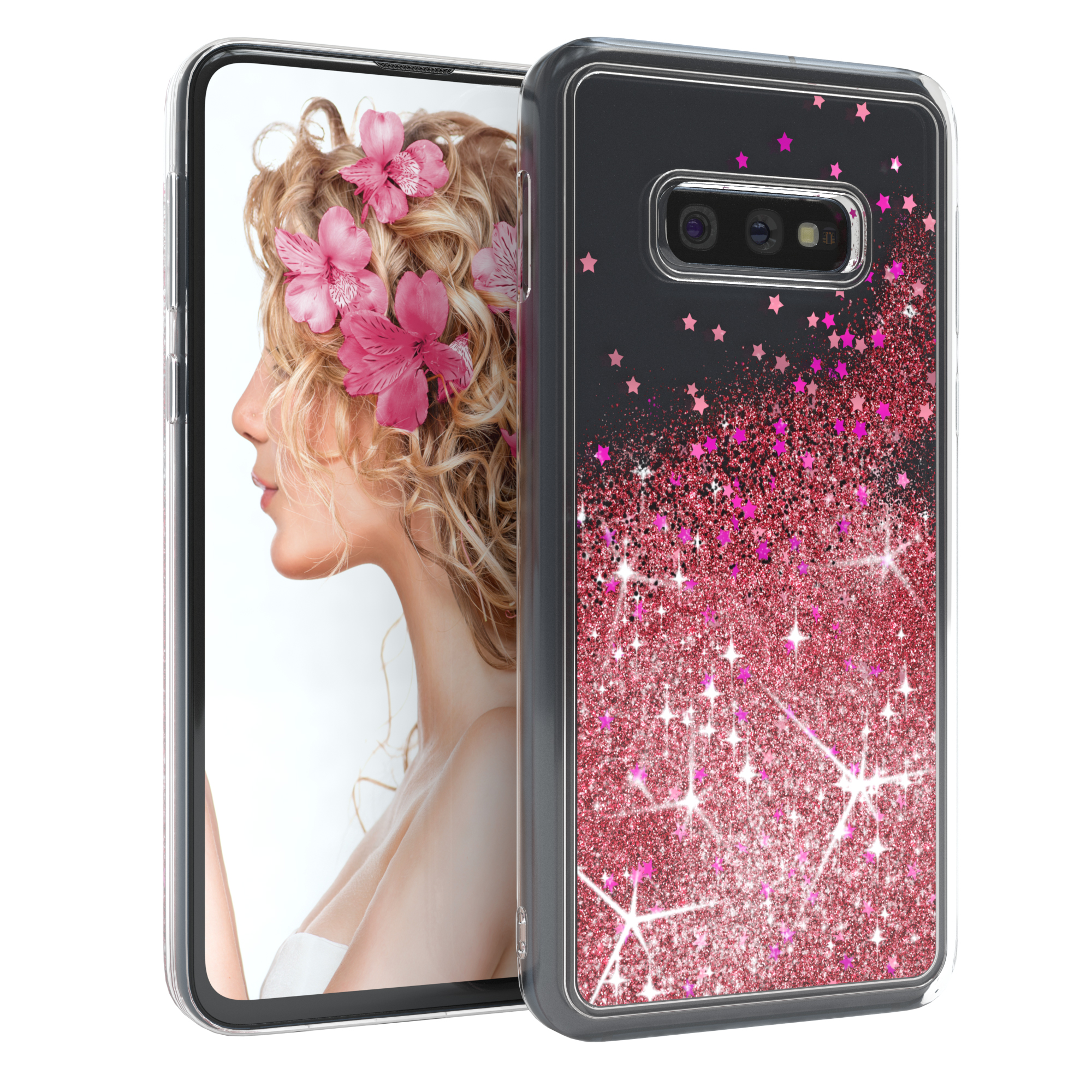 Telefon in einer transparenten Hülle mit rosa Glitzer und Sternen.