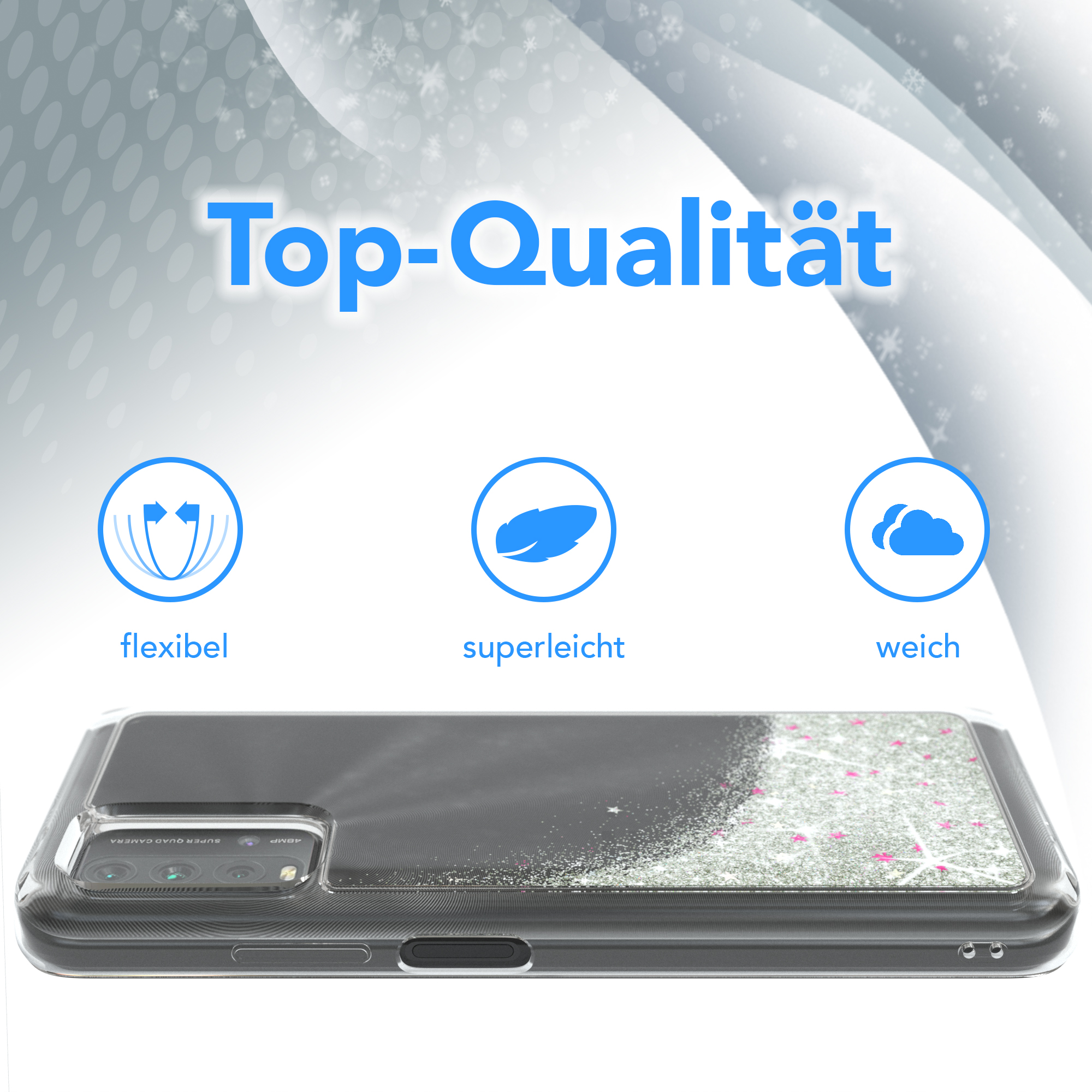 Handyhülle mit Glitzerdesign und transparentem Rücken, mit Text.