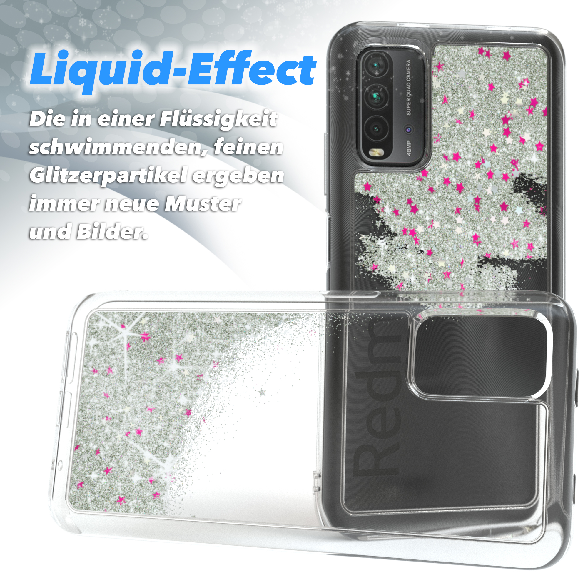 Transparente Handyhülle mit Flüssigkeitseffekt. Rosa Sterne und Glitzer innen.
