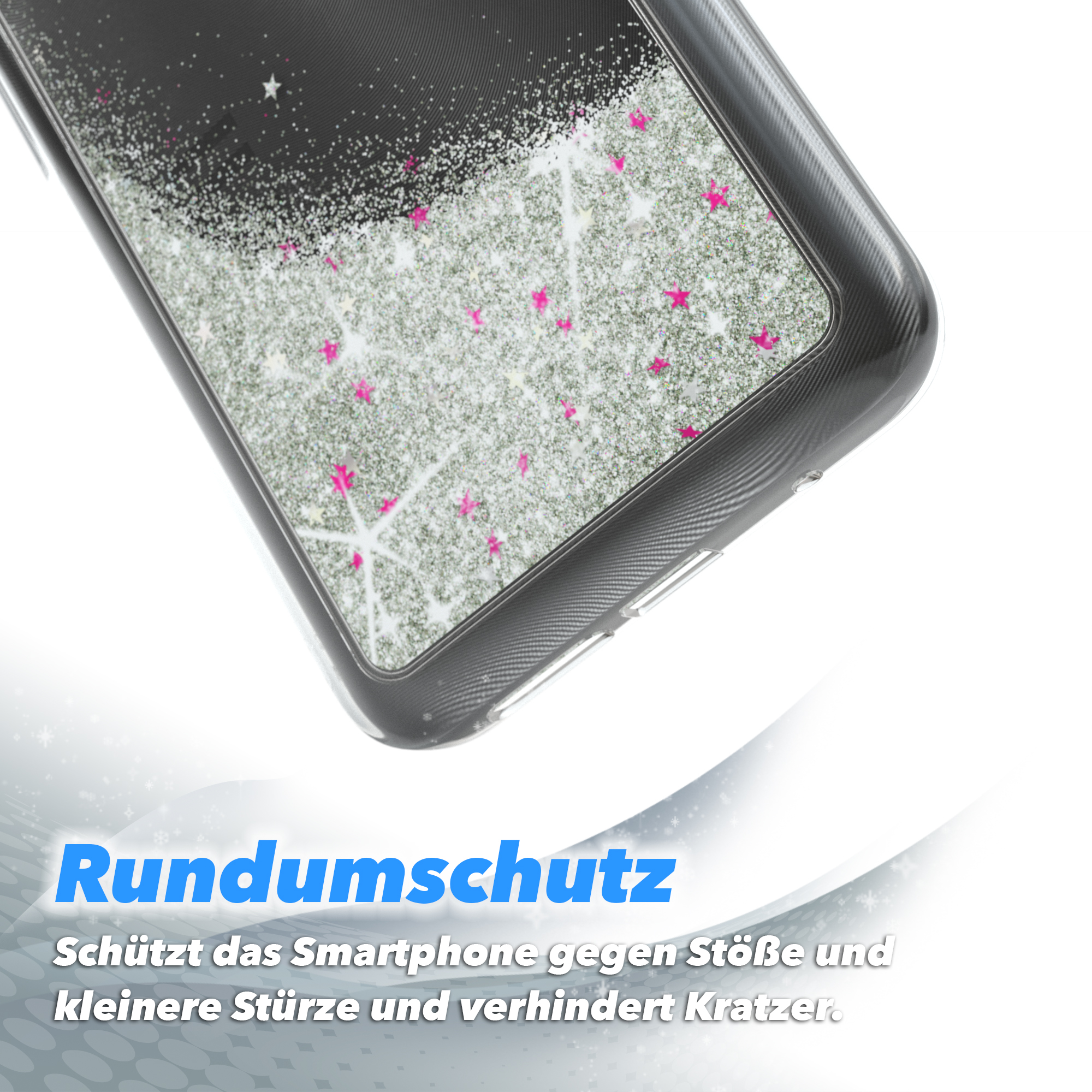 Transparente Handyhülle mit silbernem Glitzer und Sternen, Text: Rundumschutz.