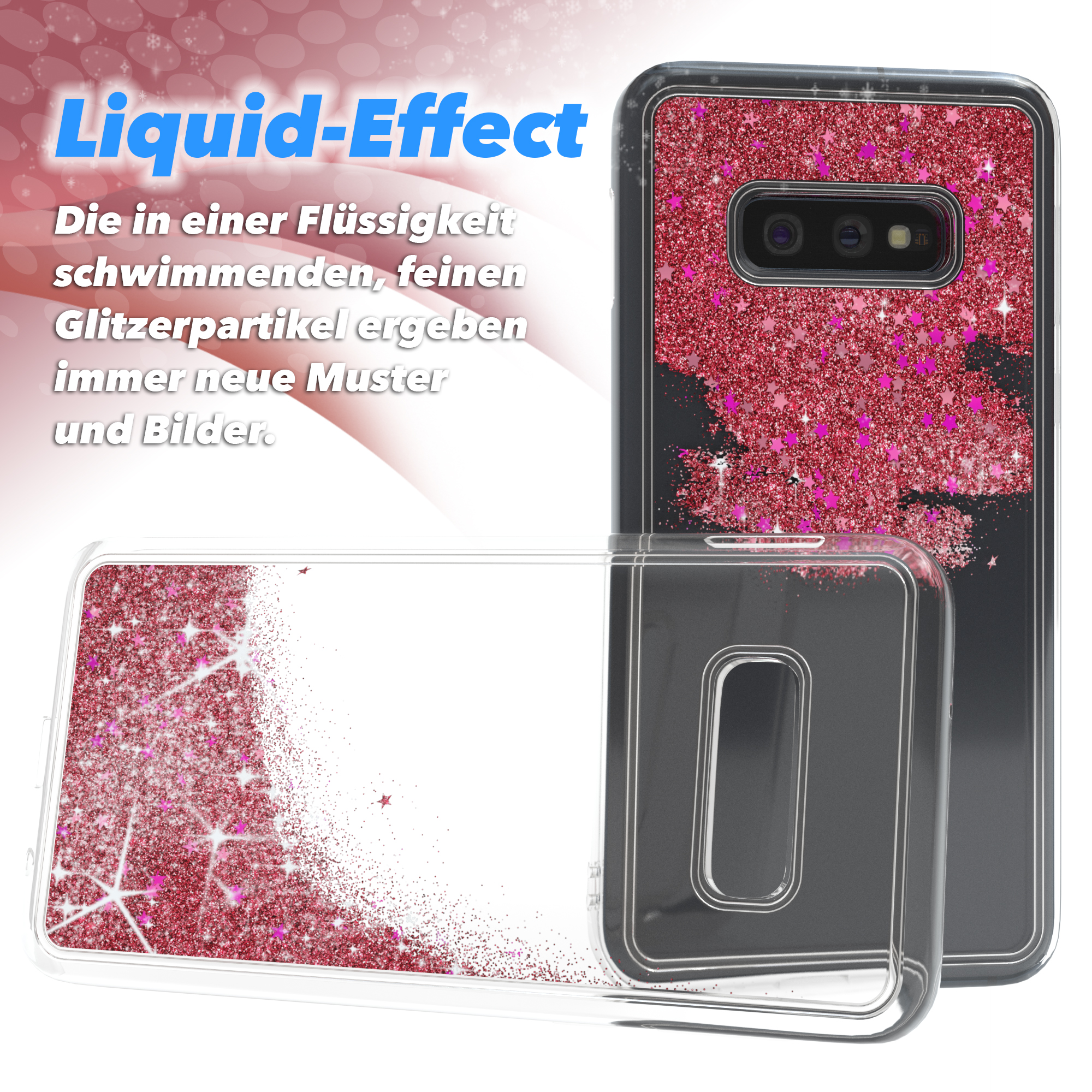 Eine Handyhülle mit Flüssigkeitseffekt-Glitzer-Design, mit einem Telefon darin.