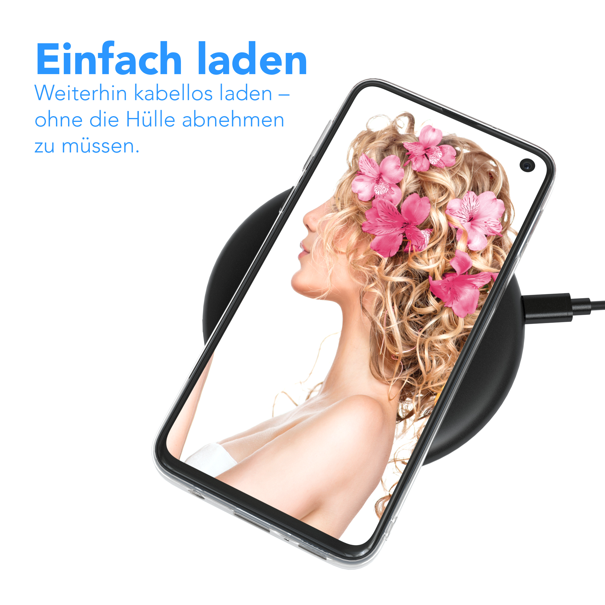 Telefon, das drahtlos auf einem Pad geladen wird. Das Bild zeigt eine Frau und Blumen.
