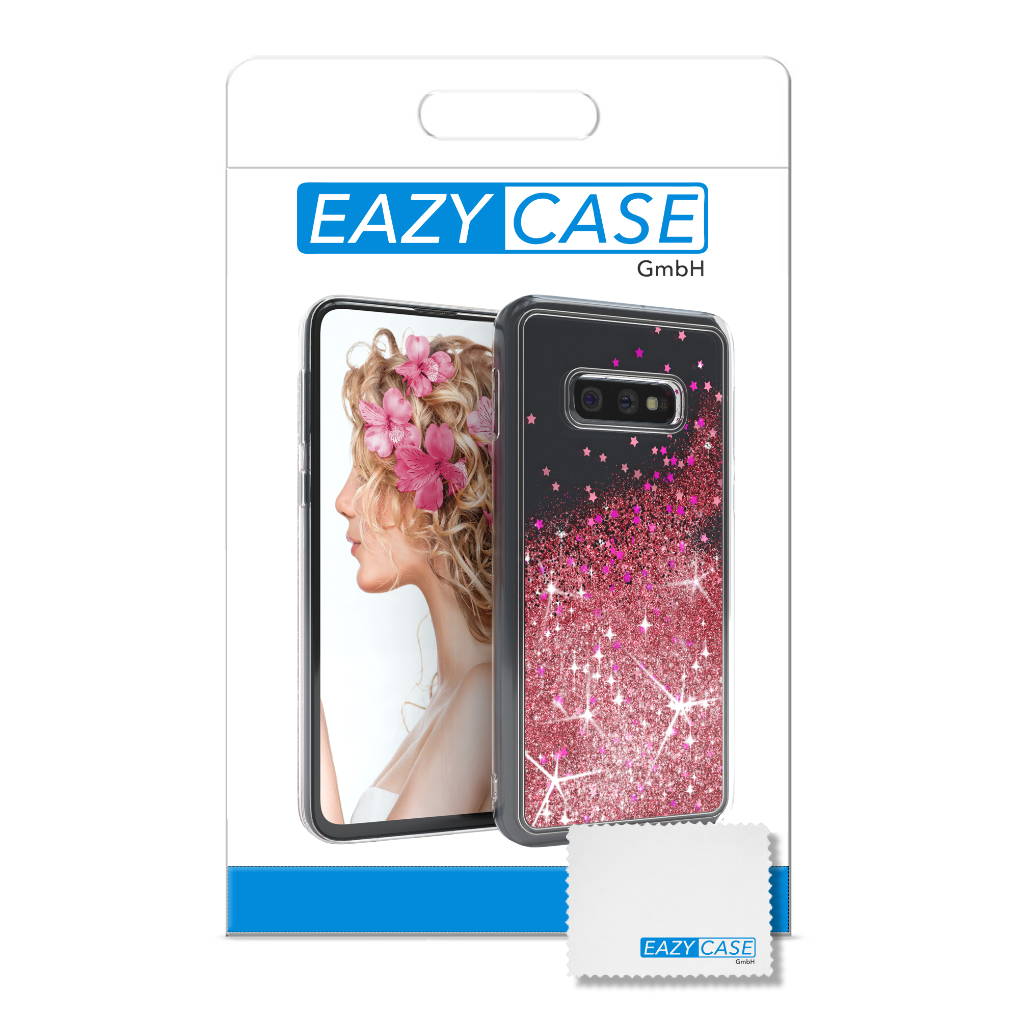 Verpackung einer Handyhülle mit einem Telefon mit rosa Blumen und einer Hülle mit rosa Glitzer.