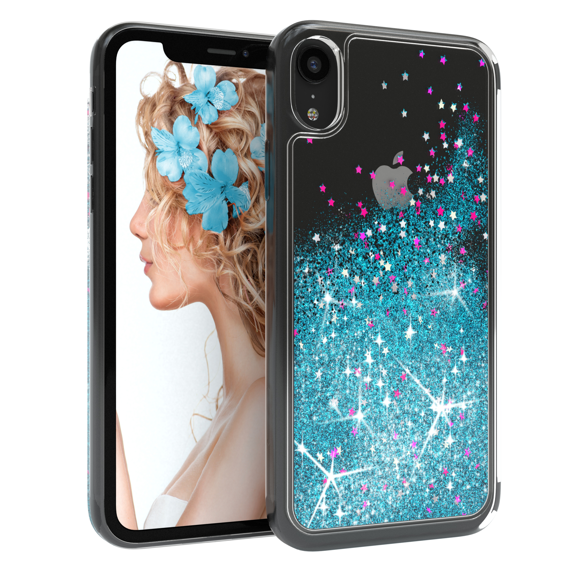 iPhone in einer Glitzerhülle, mit einer Frau mit blauen Blumen auf dem Bildschirm.