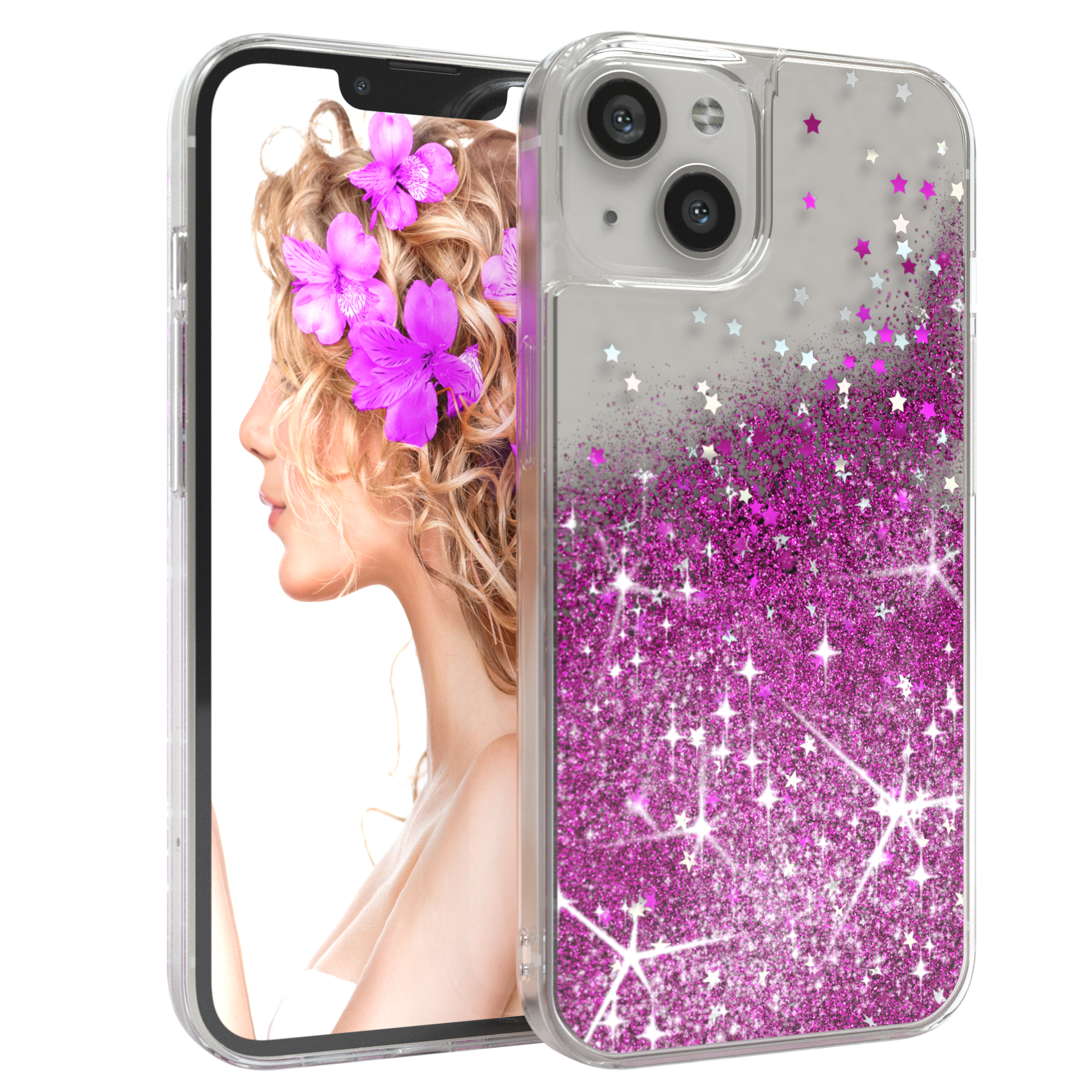 Telefon mit Glitzersternen und Hülle. Frau mit Blumen im Haar auf dem Display.