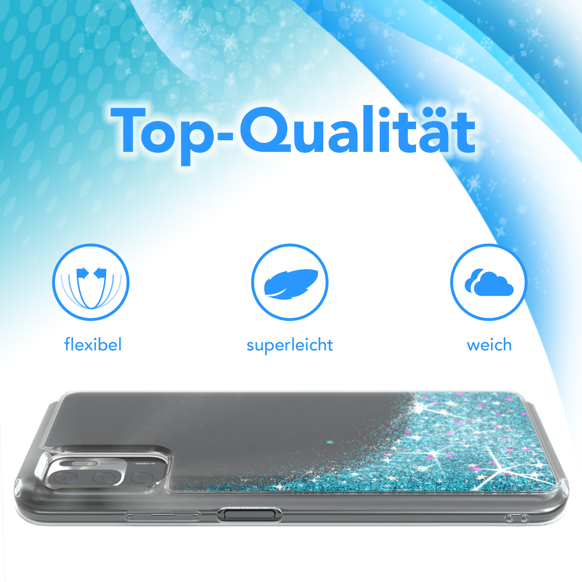 Eine Handyhülle mit Glitzer und Text: Top-Qualität. Sie ist flexibel, leicht und weich.