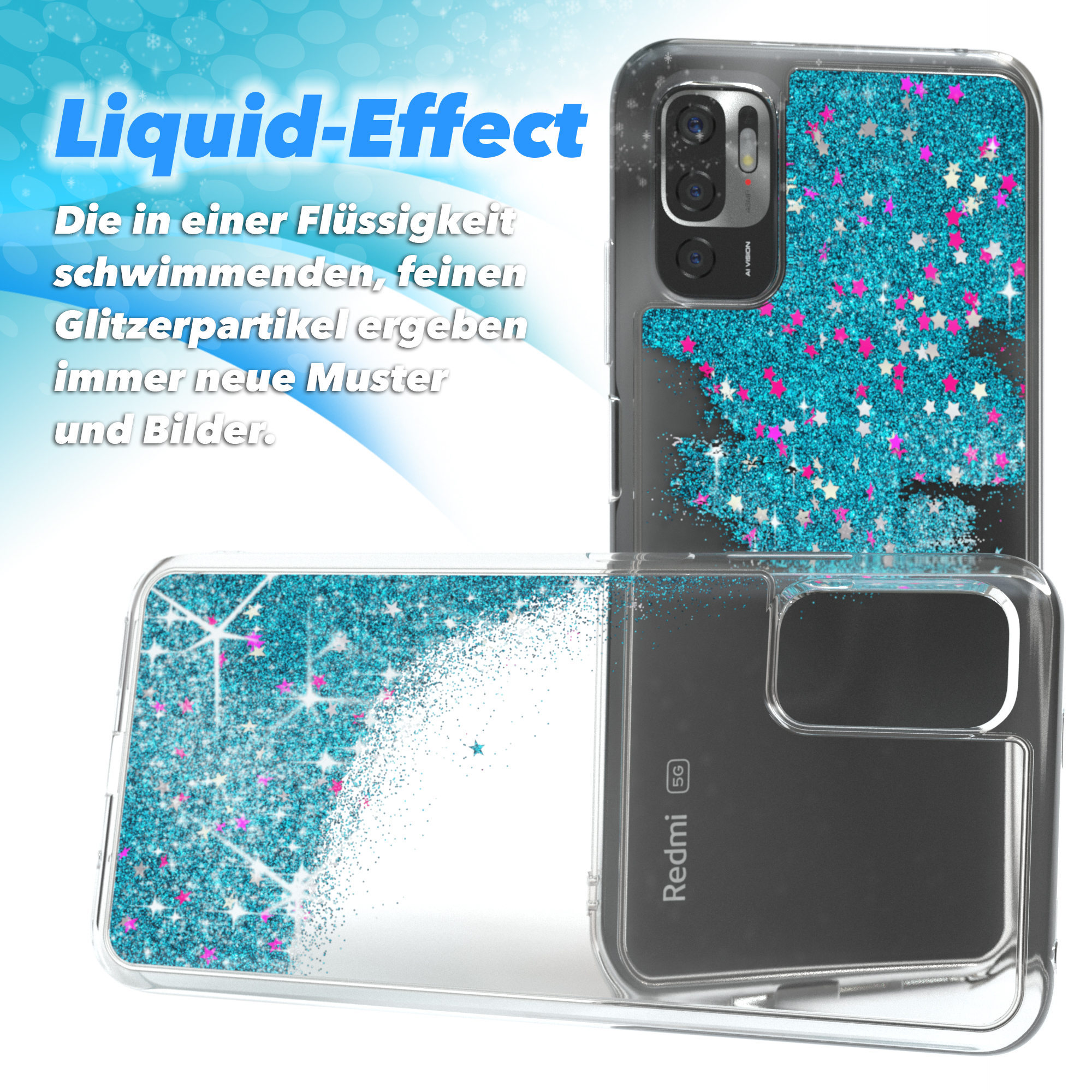 Zwei Handyhüllen mit blauem Glitzer. Text lautet Liquid-Effect und Redmi. Der Hintergrund ist weiß und blau.
