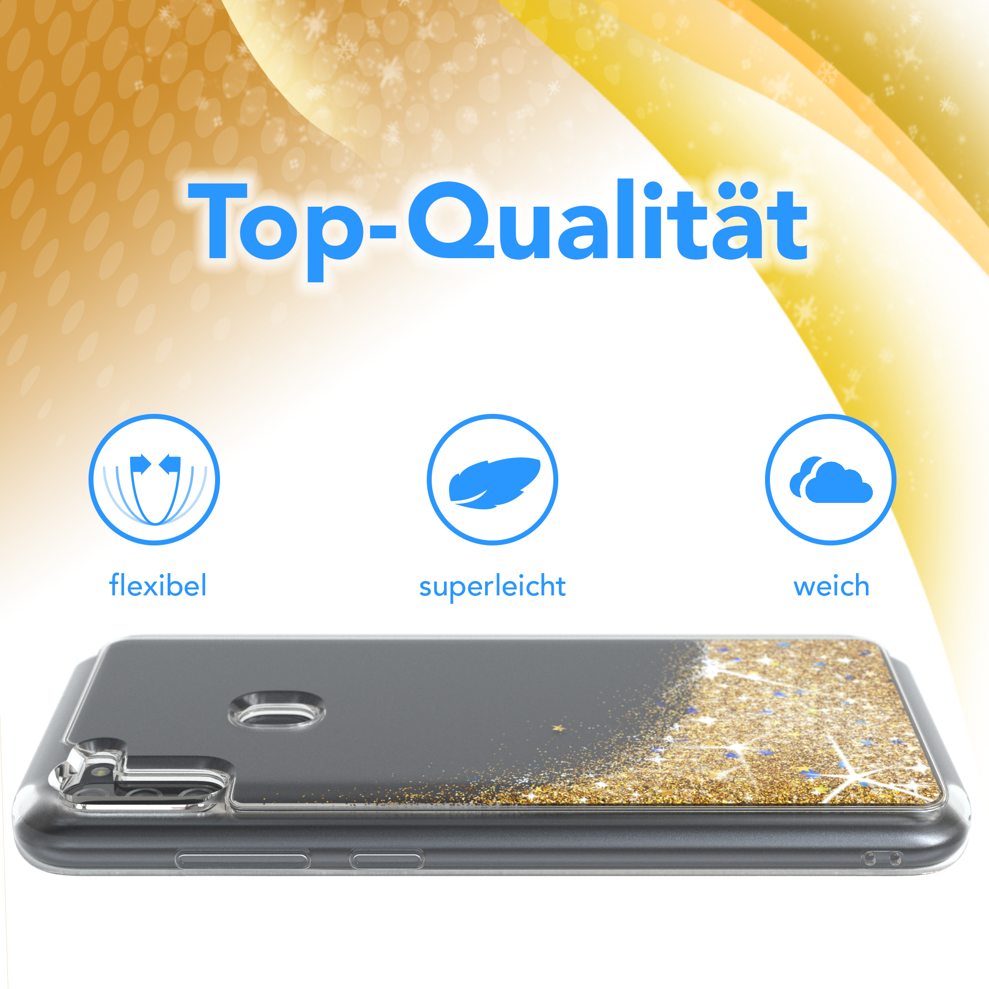 Handyhülle mit goldenem Glitzer auf weißem Hintergrund, mit dem Worten 'Top-Qualität'.