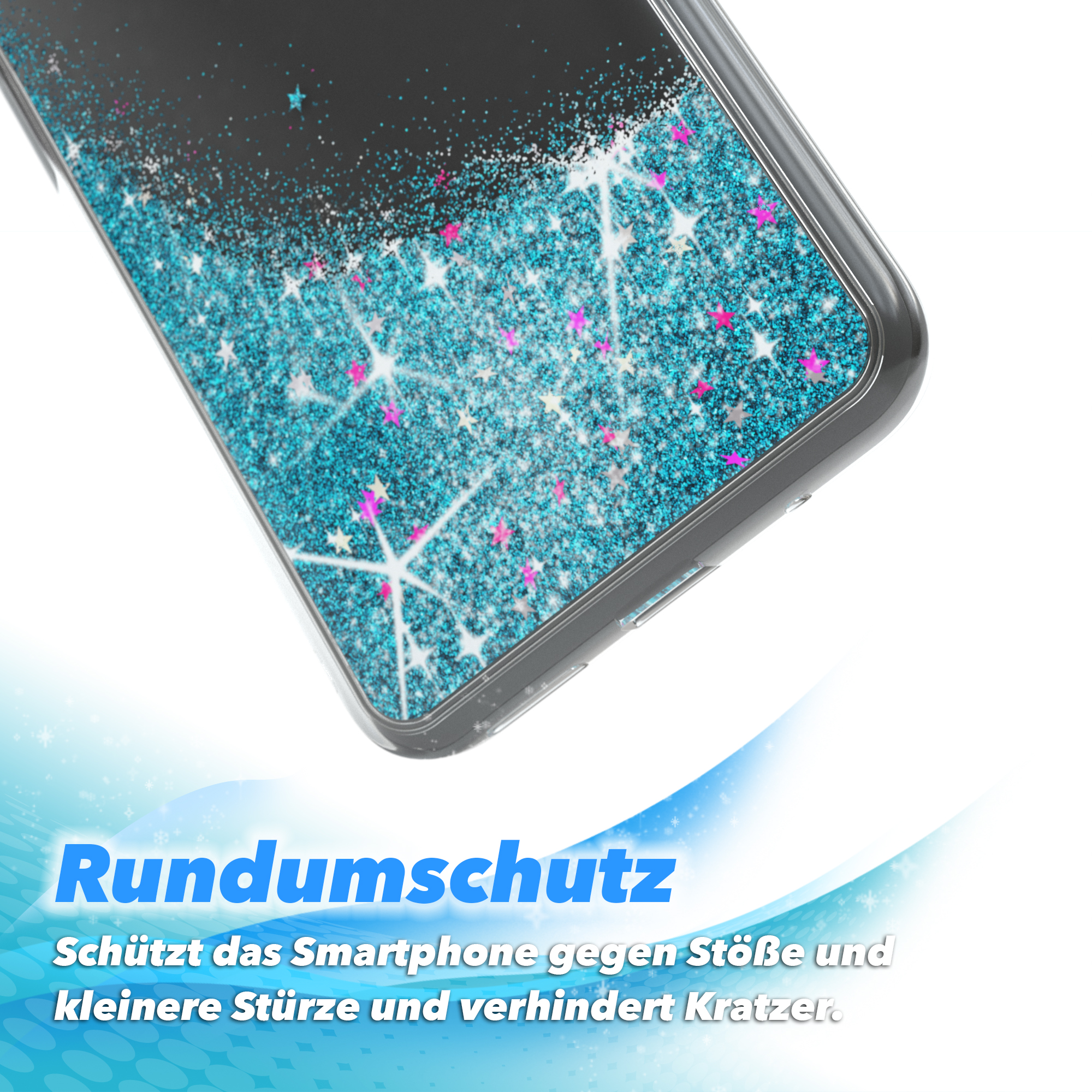 Handyhülle mit blauem Glitzer und Sternen, mit dem Text 'Rundumschutz' unten.