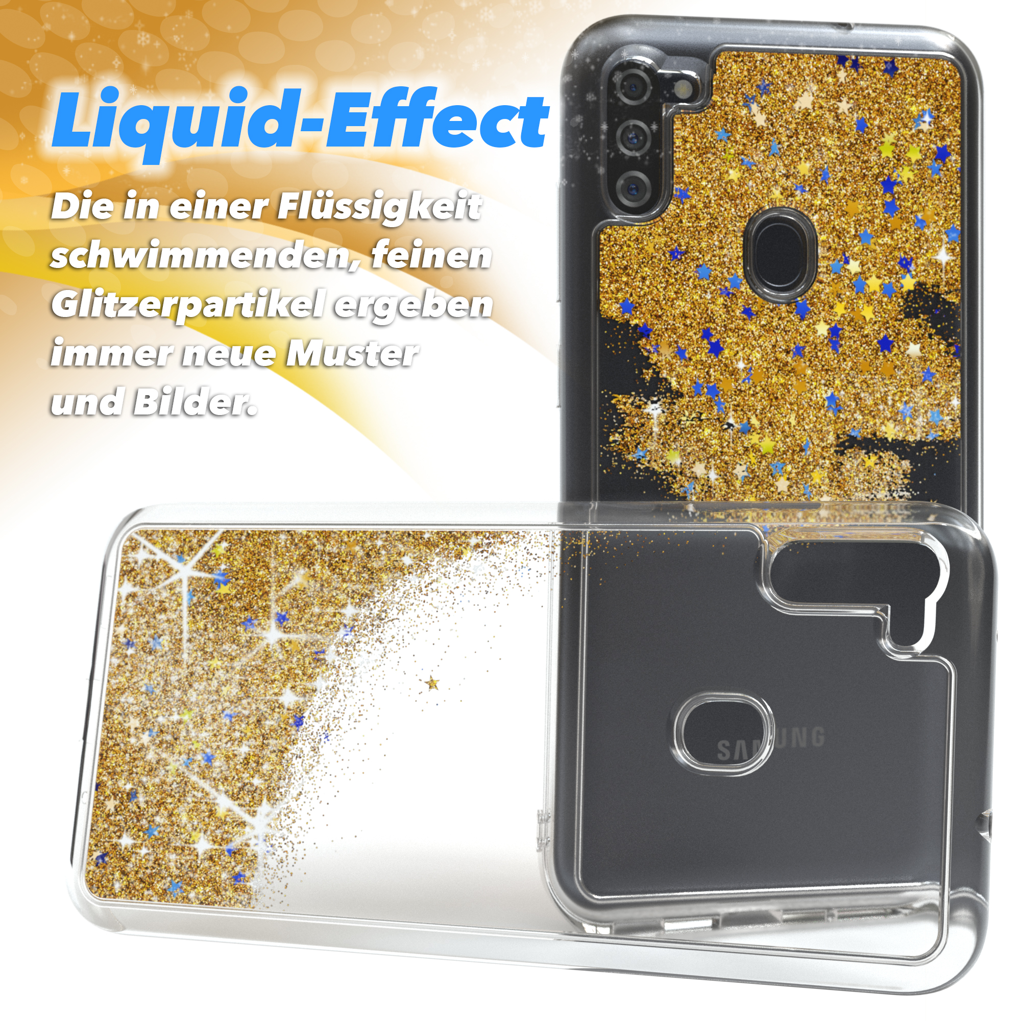 Transparente Handyhüllen mit goldenem Glitzer und Sternen. Eine Hülle ist offen, eine hat Samsung Logo.