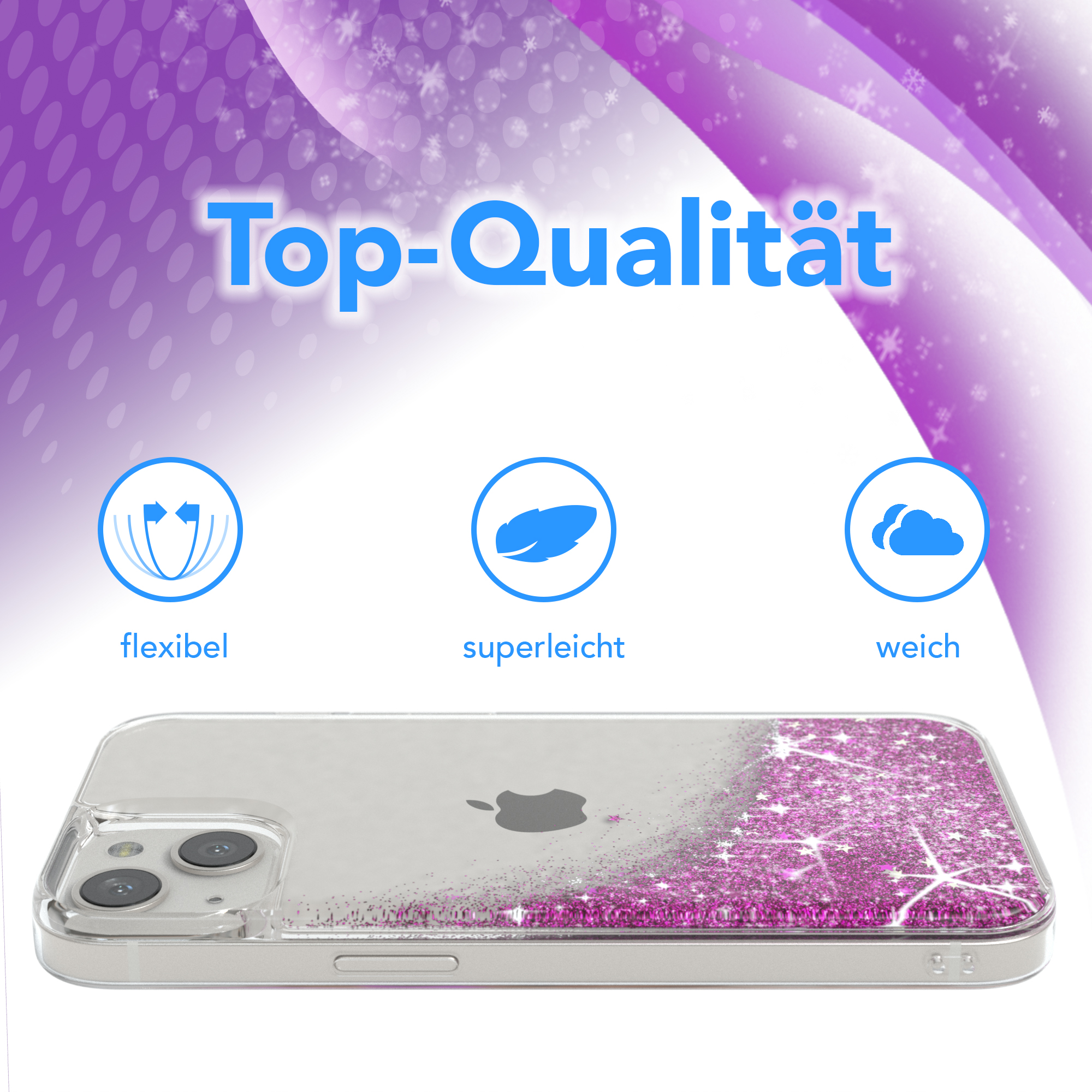 Eine Handyhülle mit Glitzer-Design und Apple-Logo. Top-Qualität-Text mit drei Symbolen: flexibel, superleicht, weich.