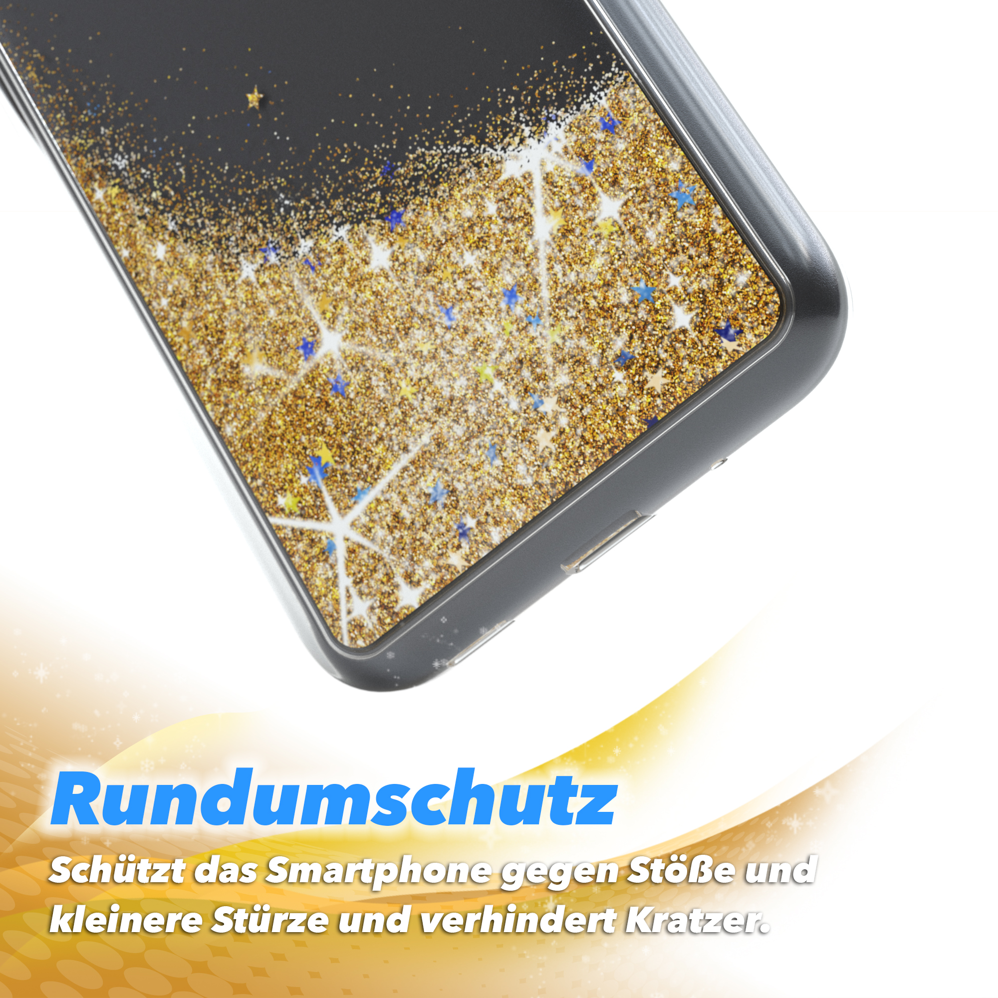 Transparente Handyhülle mit Goldglitzer und Sternen, Text: Rundumschutz.