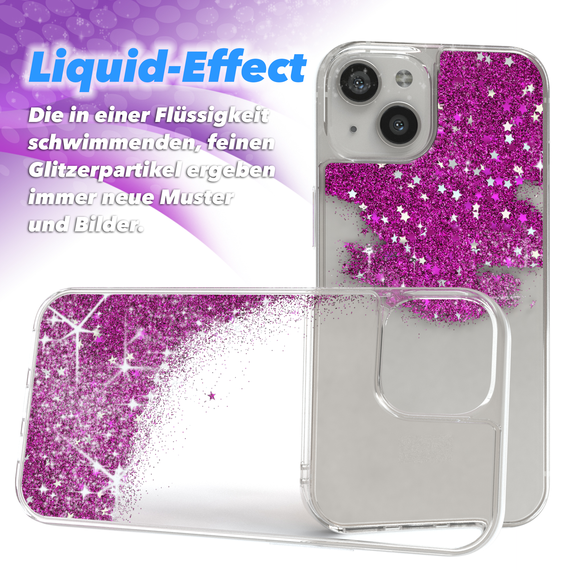 Zwei transparente Handyhüllen mit rosa Glitzer und Sternen, die den Flüssigkeitseffekt zeigen. Weißer Hintergrund.