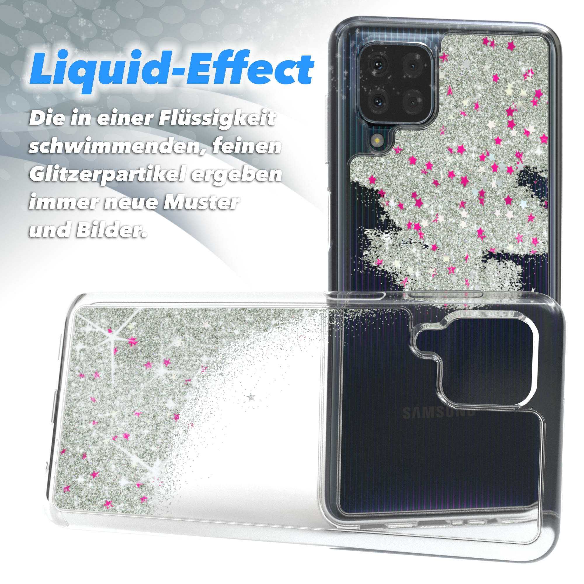 Transparente Handyhülle mit silbernem Glitzer und rosa Sternen. Liquid-Effect-Text.