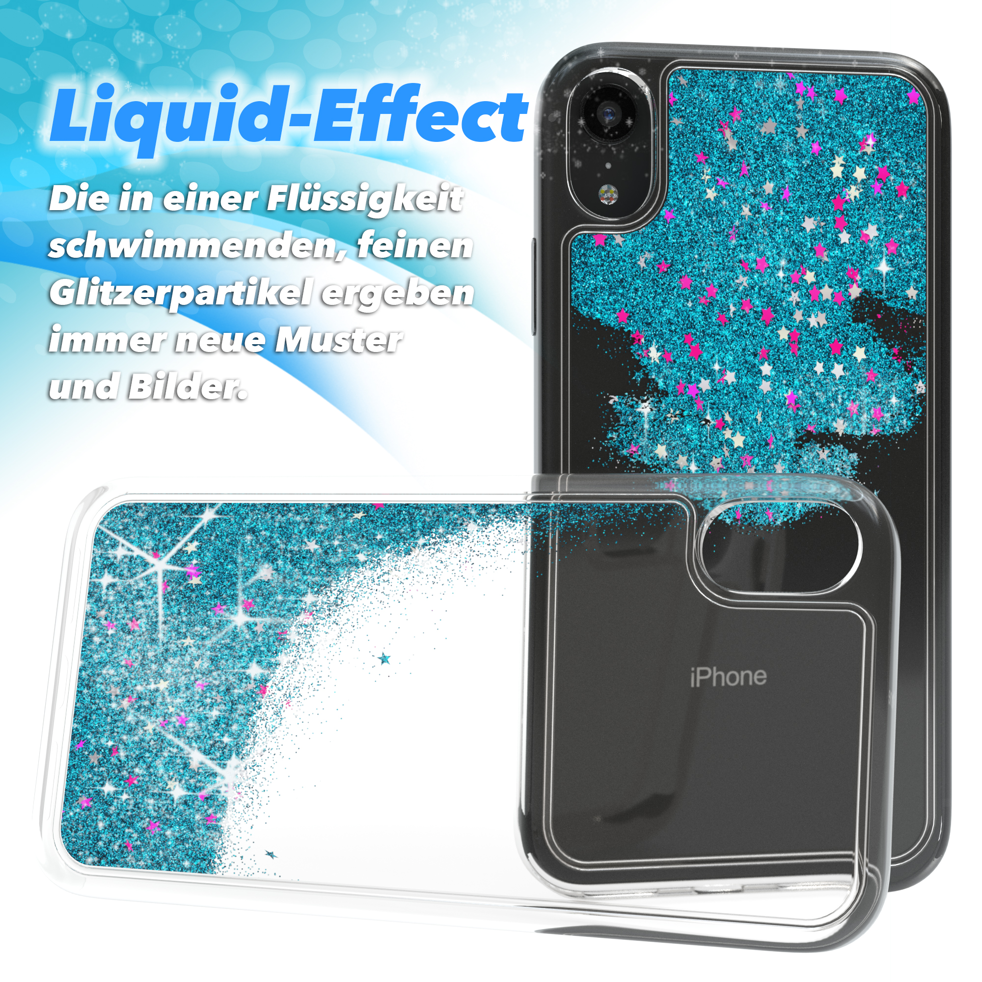 Handyhülle mit Glitzer. Flüssigkeitseffekt mit türkis- und pinkfarbenem Glitzer. Hülle ist klar.