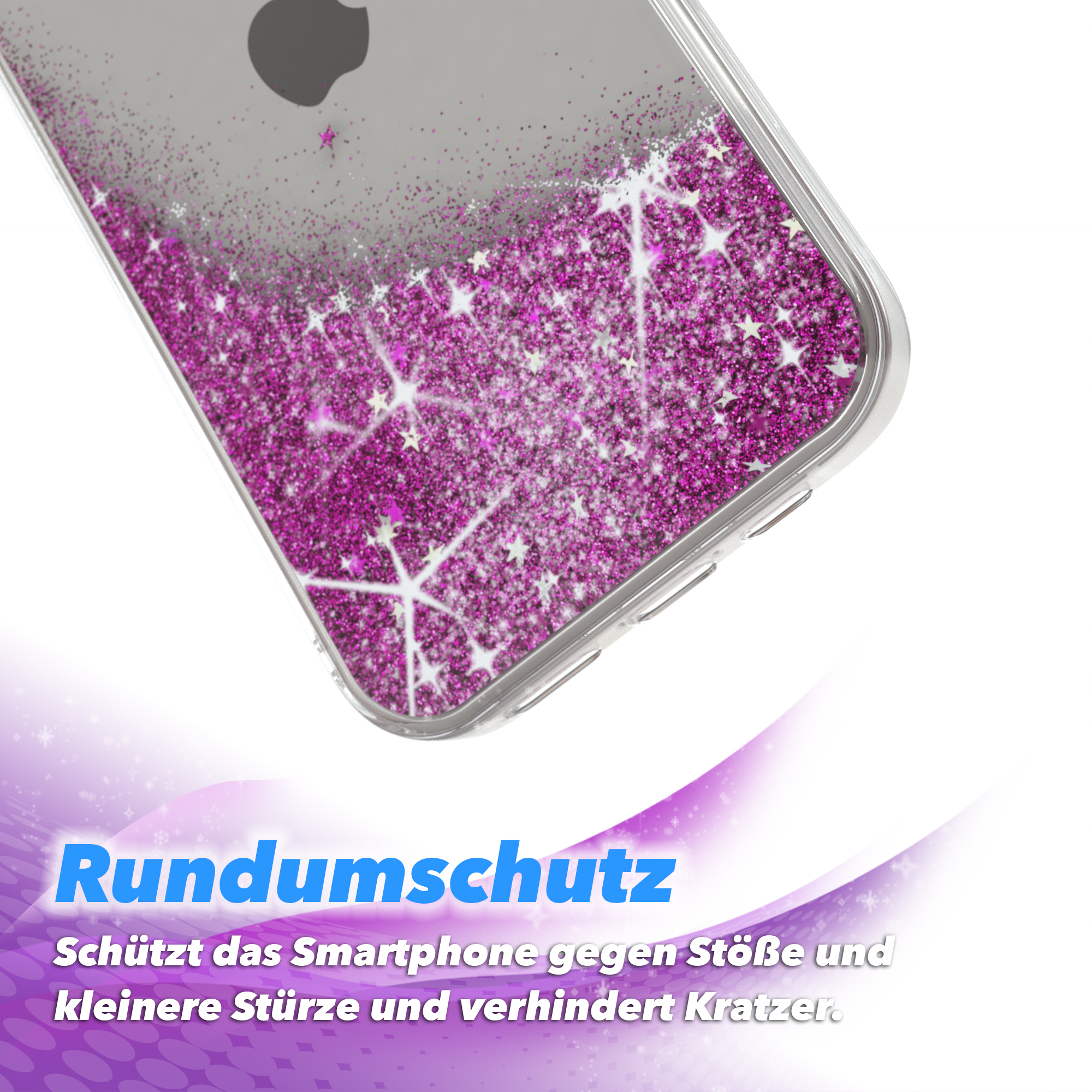 Nahaufnahme einer Handyhülle mit pinkem Glitzer. Die Hülle hat einen klaren Rand.
