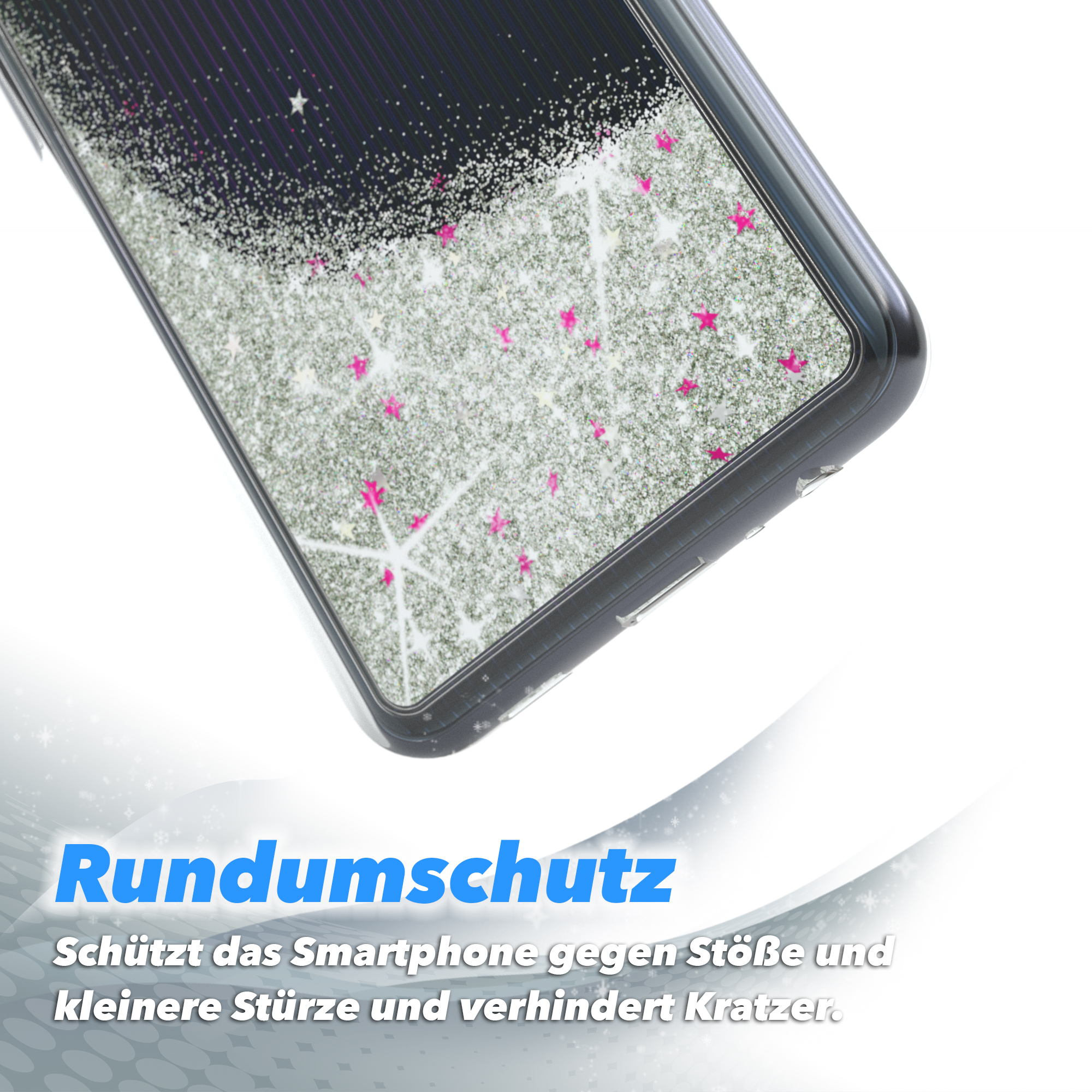 Nahaufnahme einer Handyhülle mit rosa Sternen und Glitzer. Text: 'Rundumschutz' (Rundumschutz).