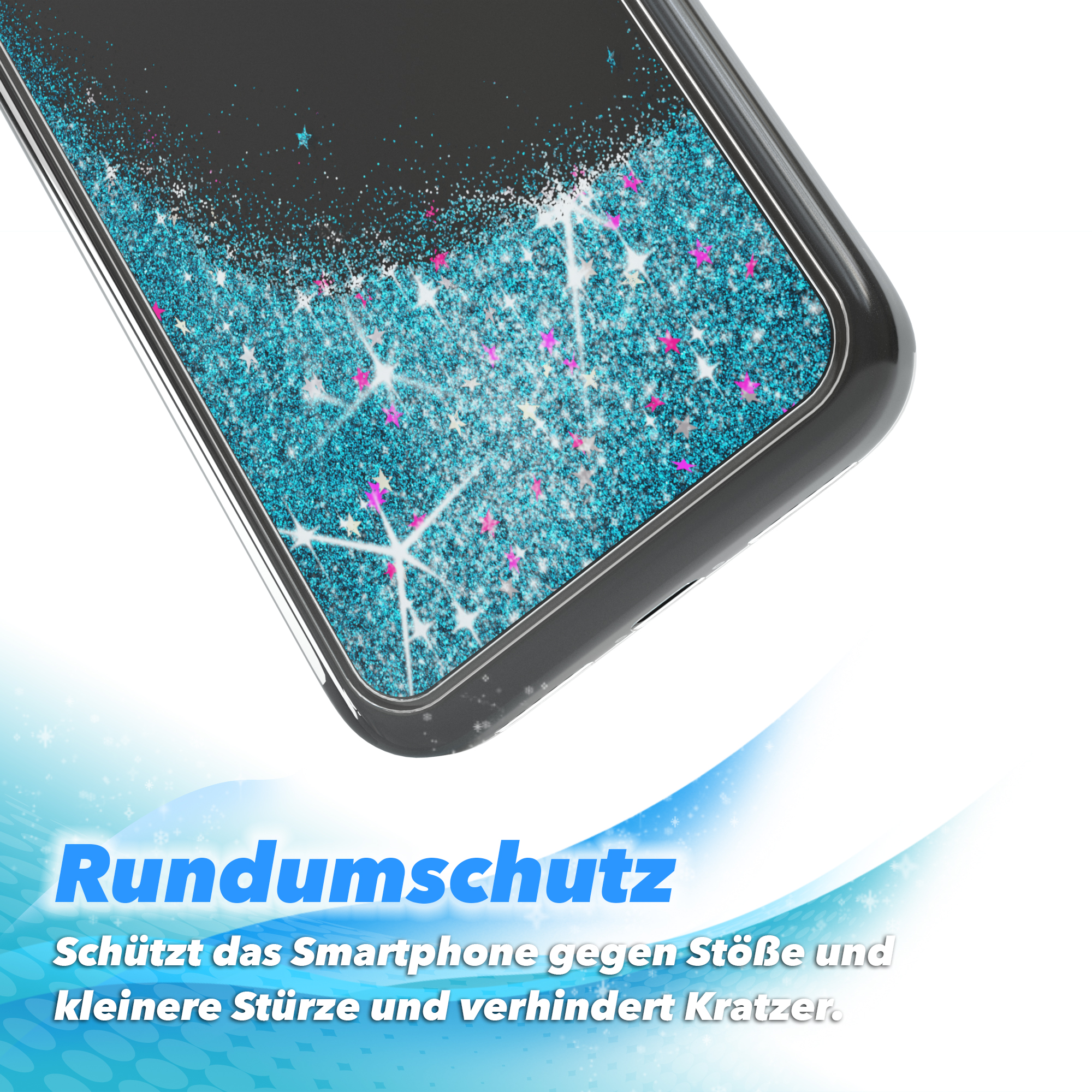 Handyhülle mit blauem Glitzer und Sternen. Text: Rundumschutz, schützt vor Stößen.