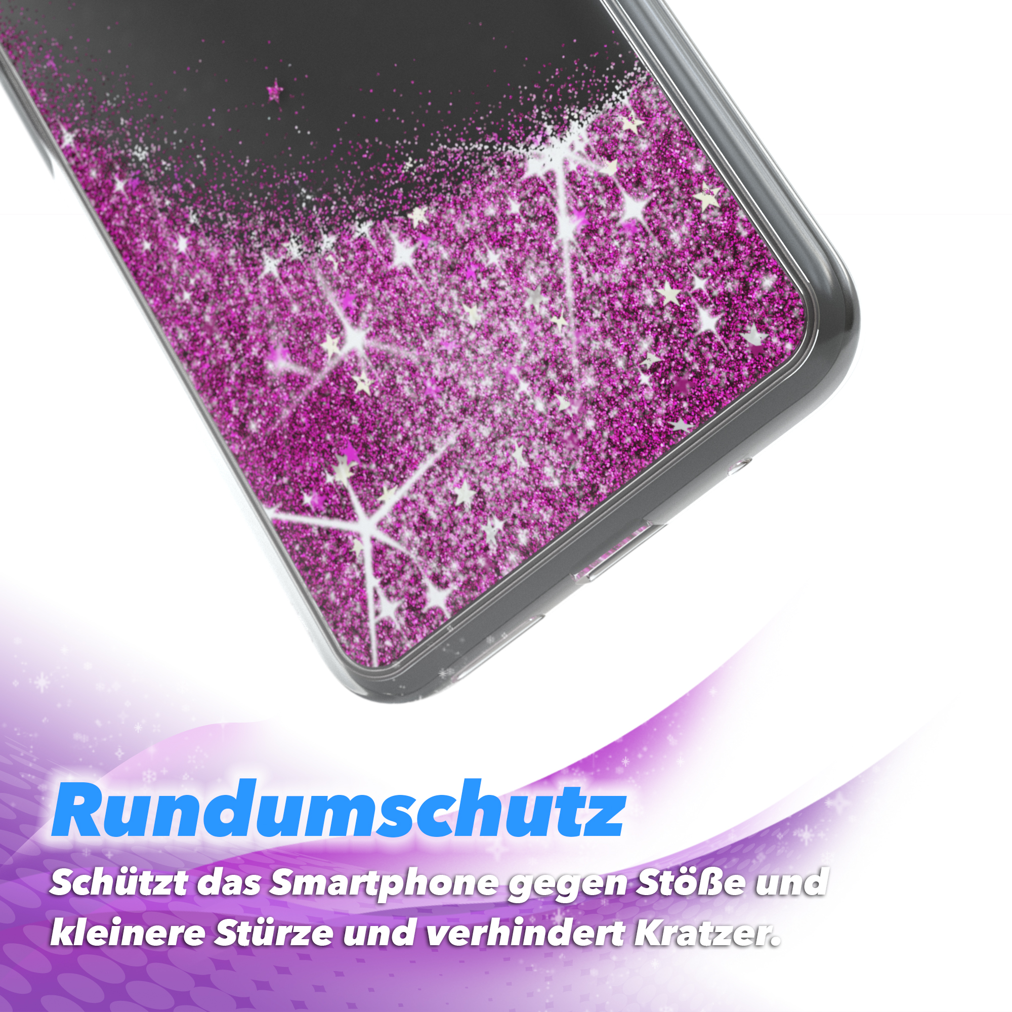 Nahaufnahme einer Handyhülle mit pinkem Glitzer. Die Hülle hat einen klaren Rand.