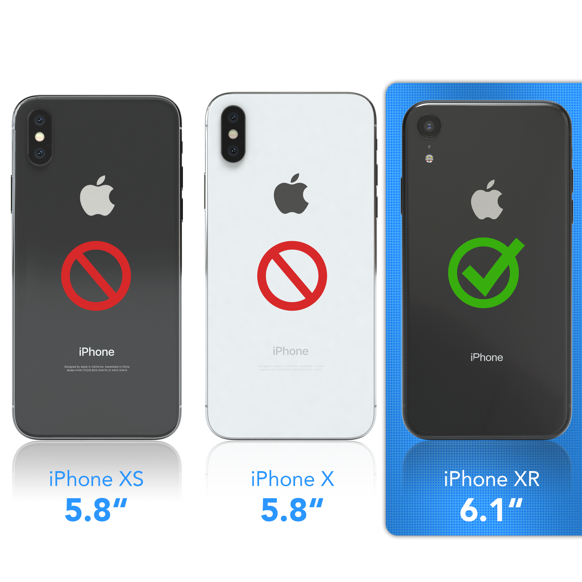 Drei iPhones, die die Kompatibilität von Handyhüllen mit dem iPhone XR zeigen, mit grünem Häkchen.
