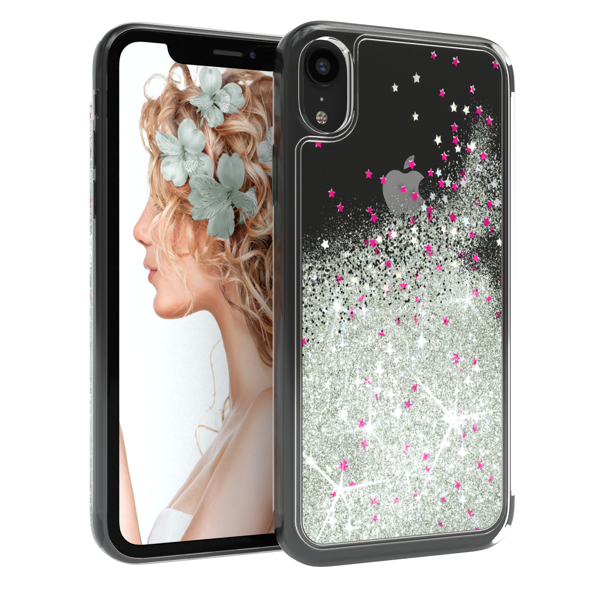Transparente Handyhülle mit schwarzem Rand. Glitzer und Sterne auf der Rückseite. Eine Frau mit Blumen im Haar.