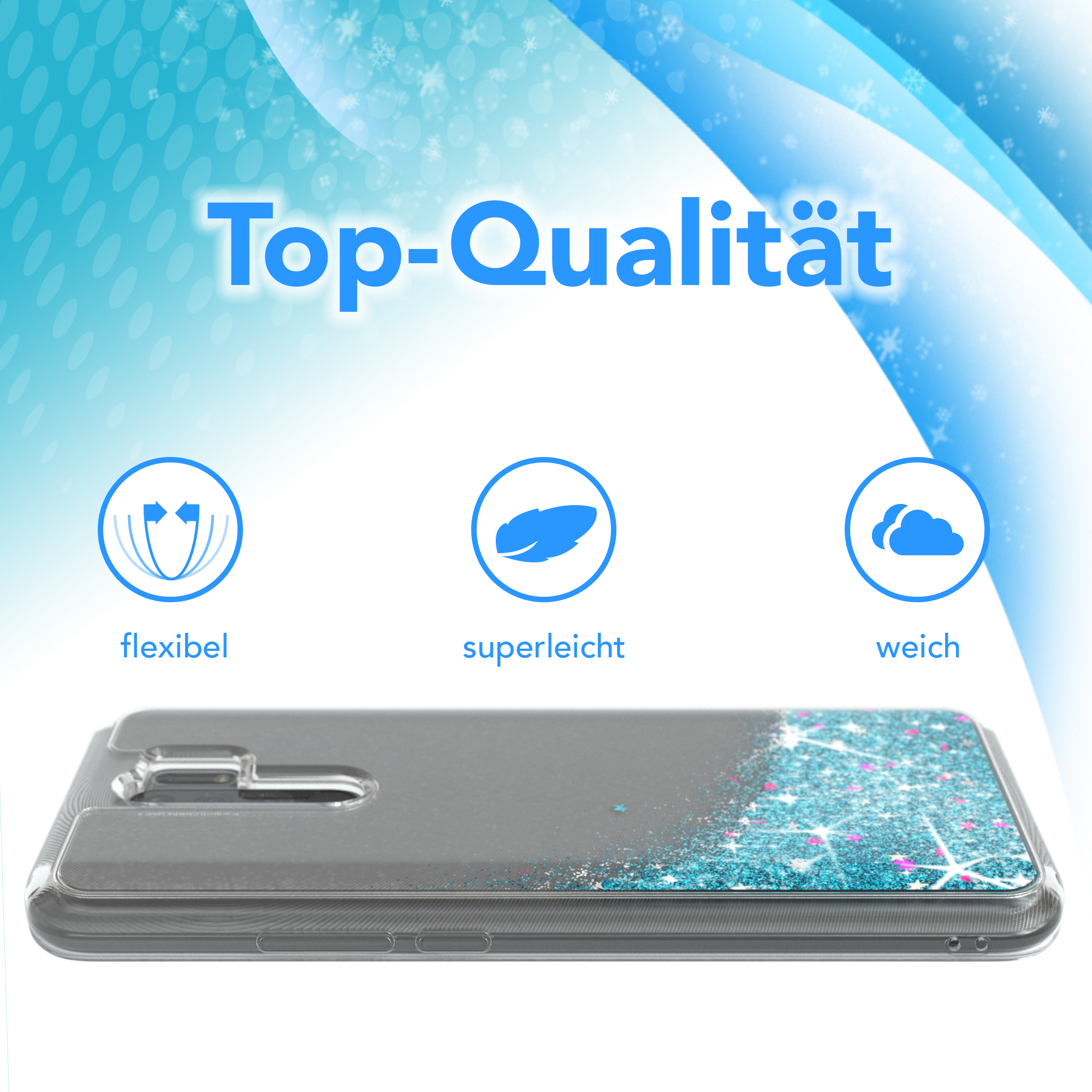 Eine transparente Handyhülle mit blauem Glitzer und blauen Symbolen dar über.