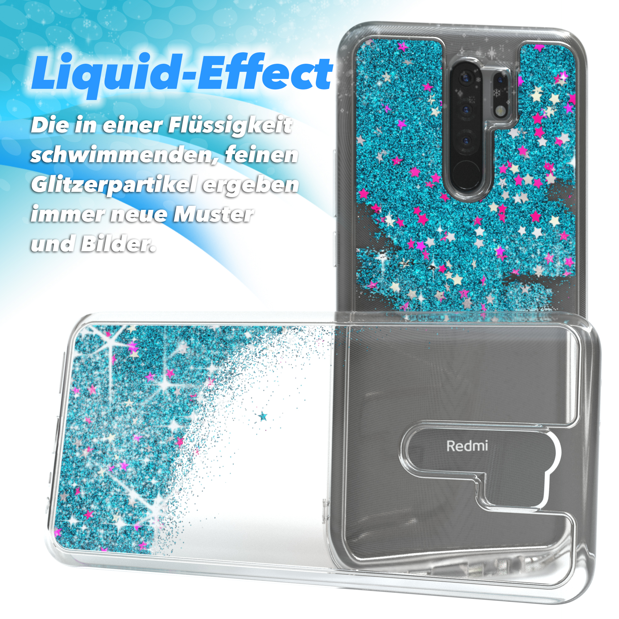Transparente Handyhülle mit Glitzer und Text, mit dem Telefon im Inneren und einer offenen Hülle.