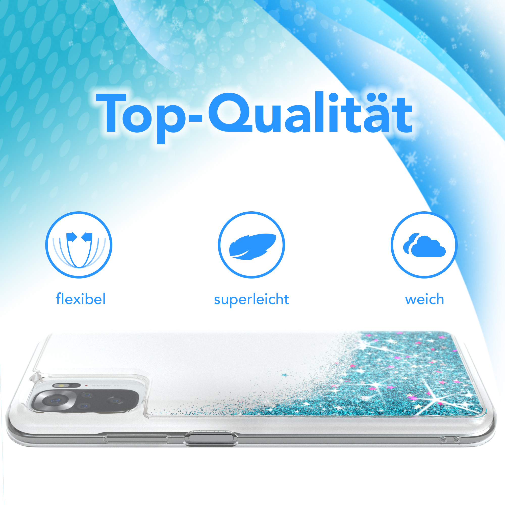 Ein Telefon mit Displayschutz. Das Telefon befindet sich in einer Hülle.