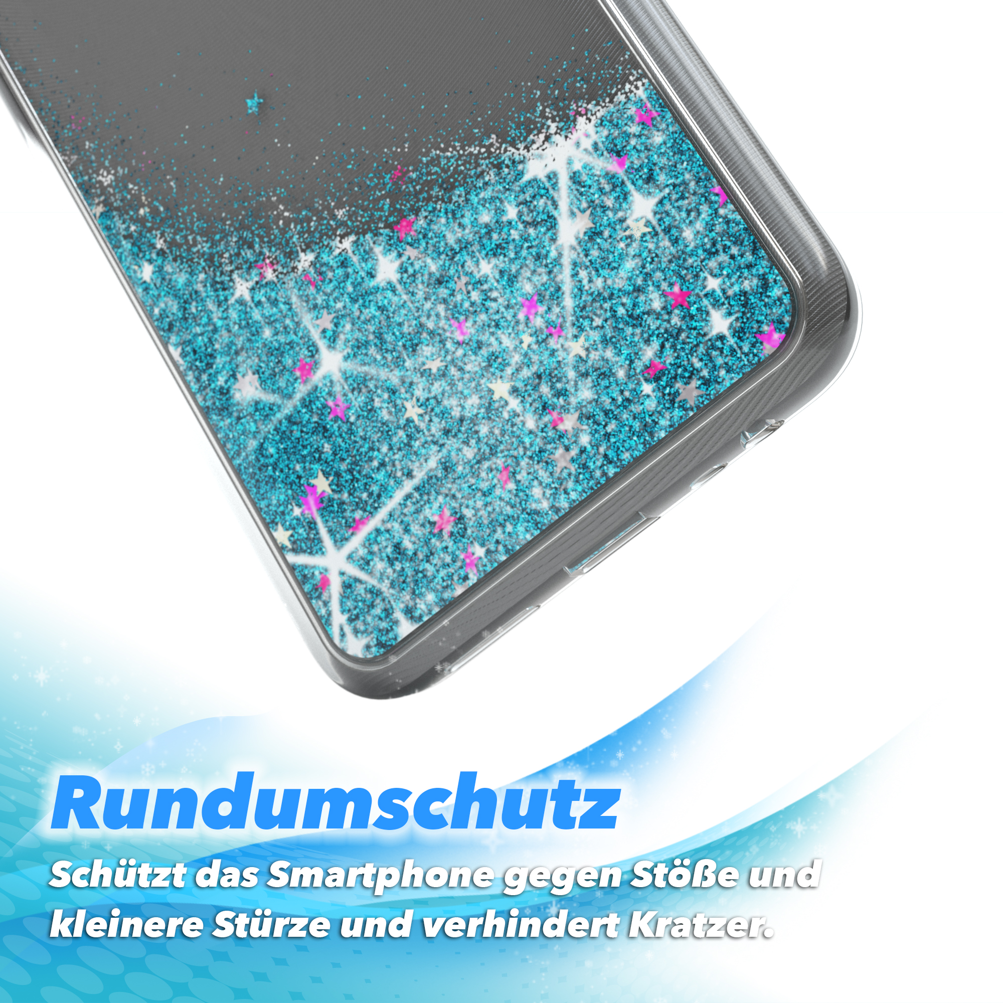 Eine Handyhülle mit Glitzer und einem Telefon darin, Nahaufnahme.