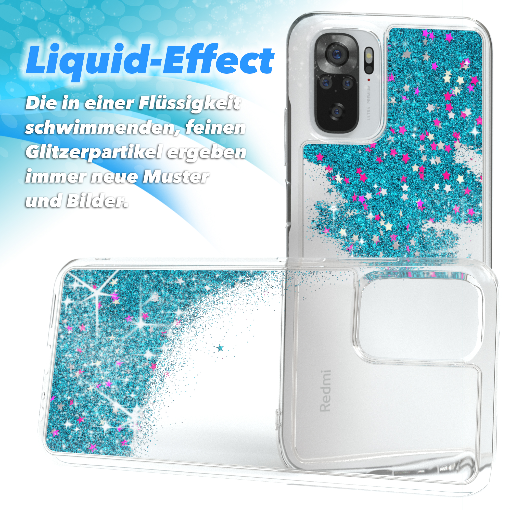 Eine transparente Handyhülle mit blauem Glitzer und rosa Sternen auf weißem Hintergrund.