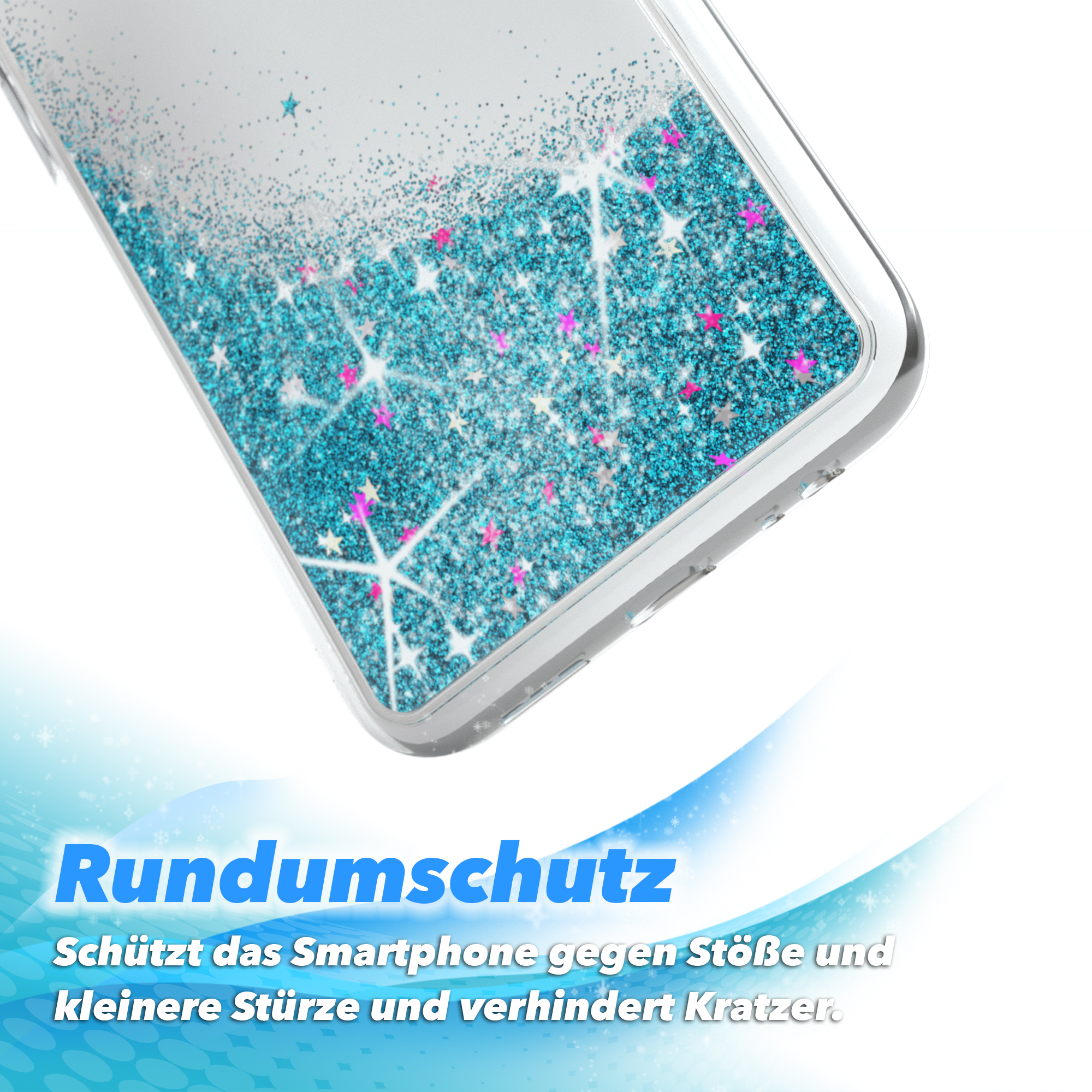 Eine Smartphone-Hülle mit Glitzer und Sternen, die das Telefon schützt.