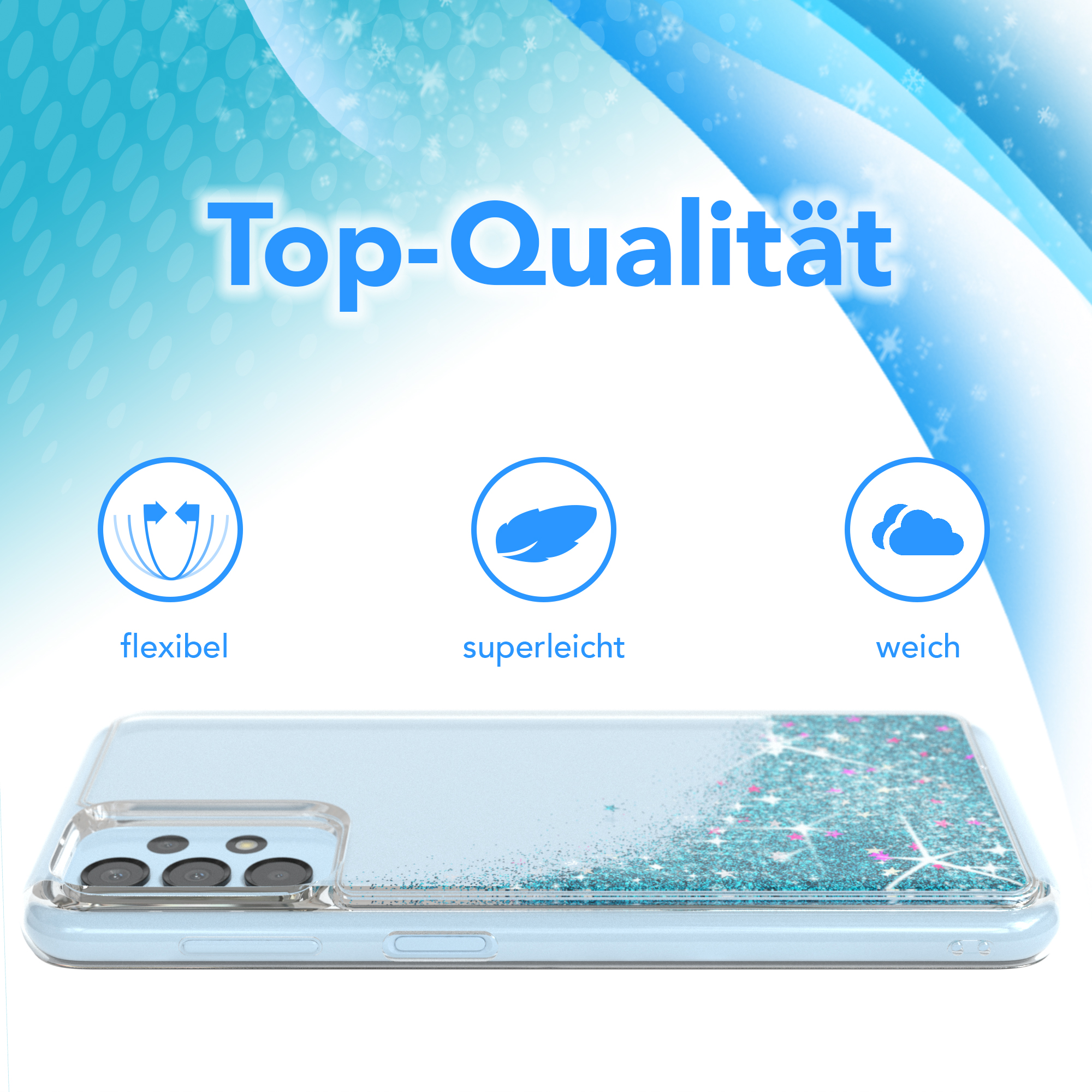 Eine hellblaue Handyhülle mit blauem Glitzerdesign, darüber die Worte Top-Qualität.