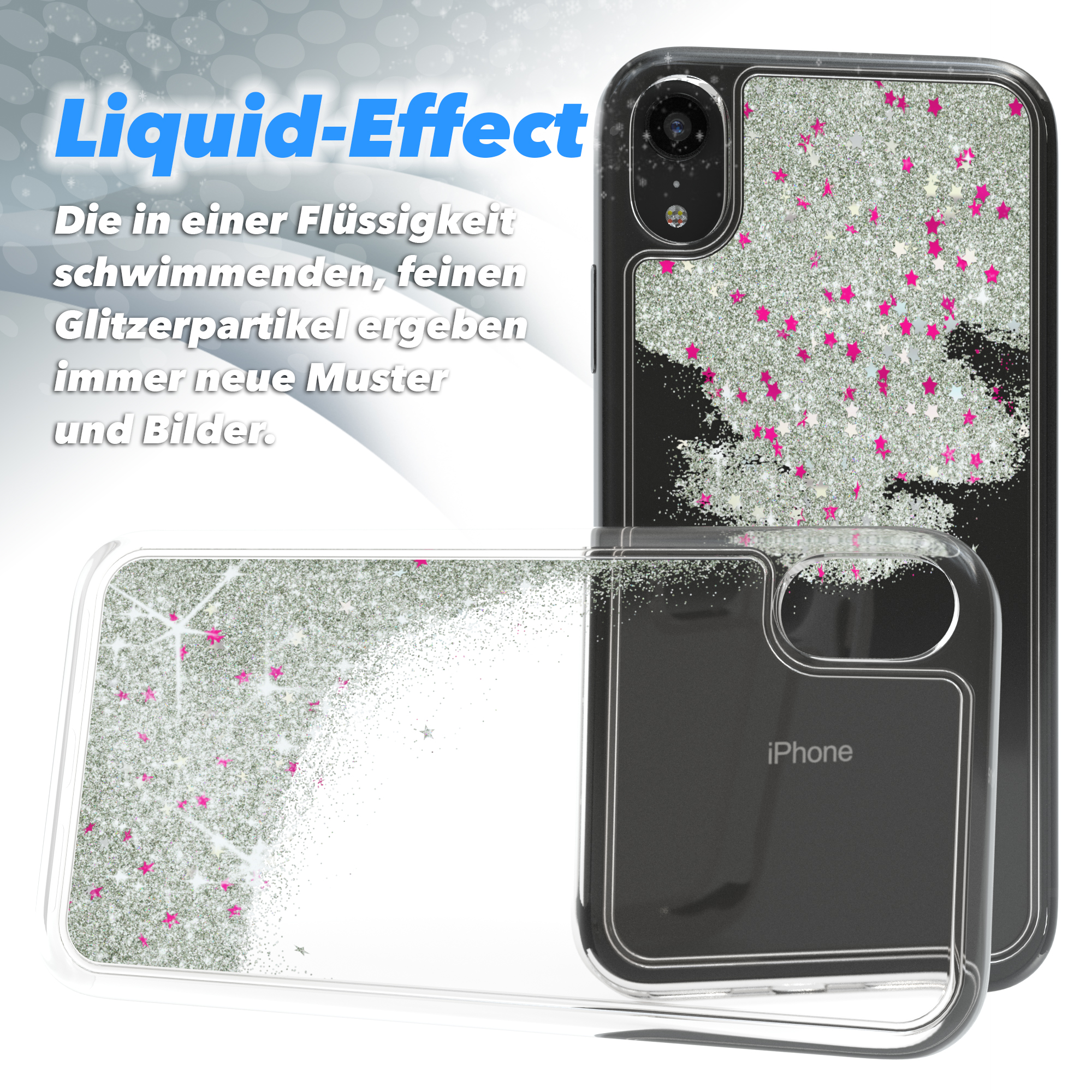 Telefon mit Hülle mit silbernem Glitzer. Die Hülle ist offen. Der Hintergrund ist weiß.
