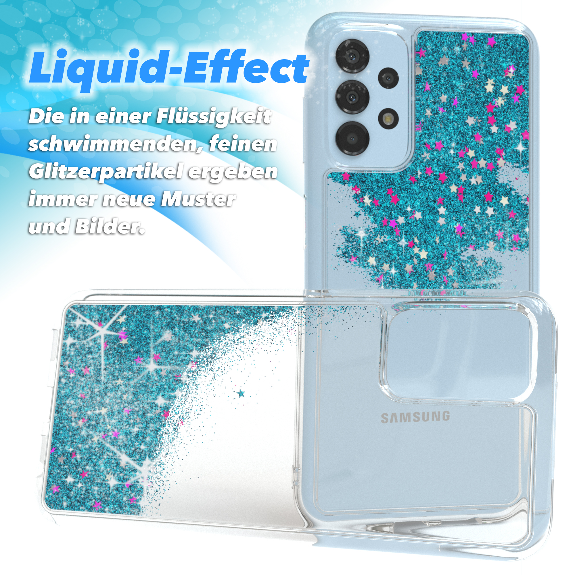 Handyhülle mit blauem Glitzer, Flüssigkeitseffekt, Samsung.
