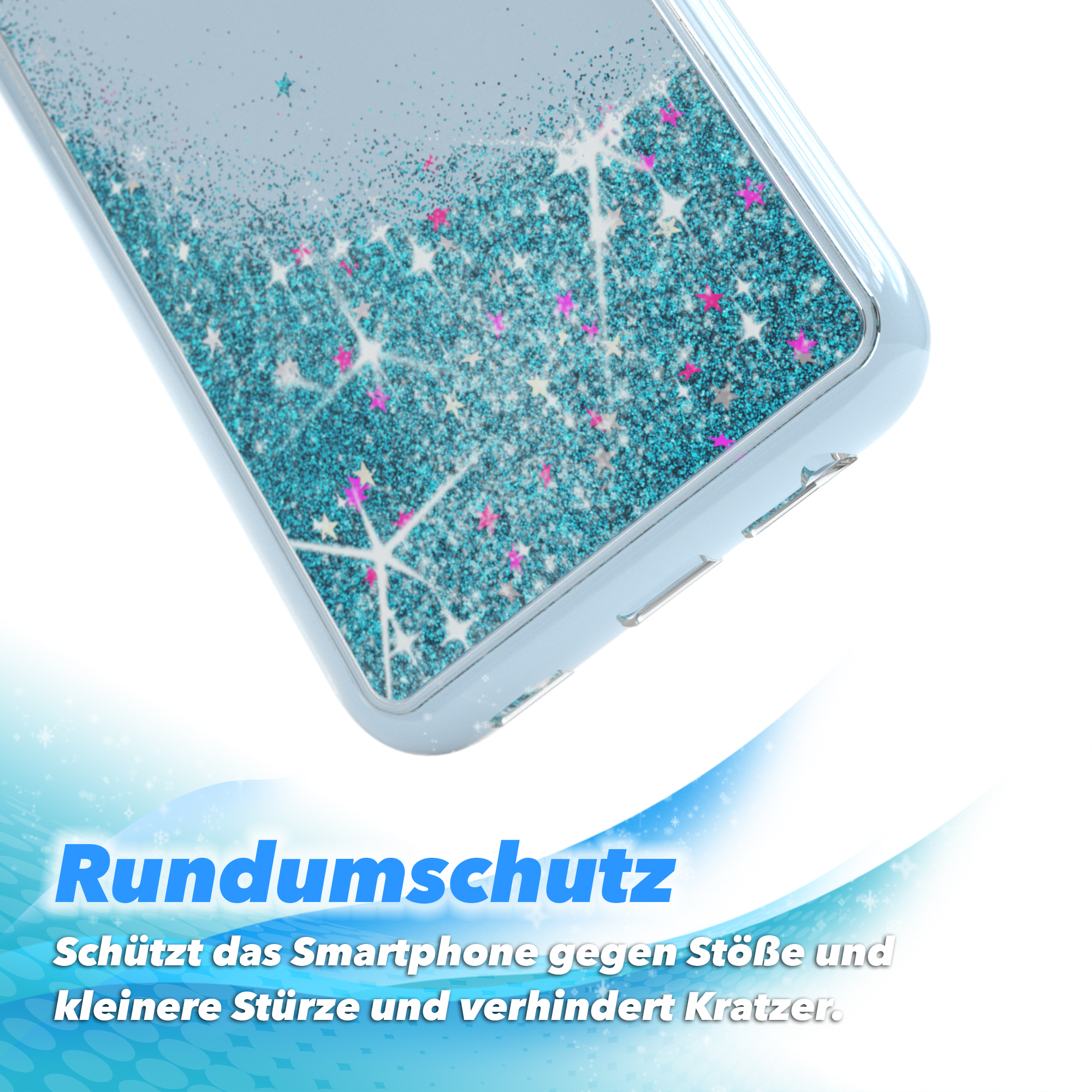 Transparente Handyhülle mit blauem Glitzer und Sternen. Text: Rundumschutz.