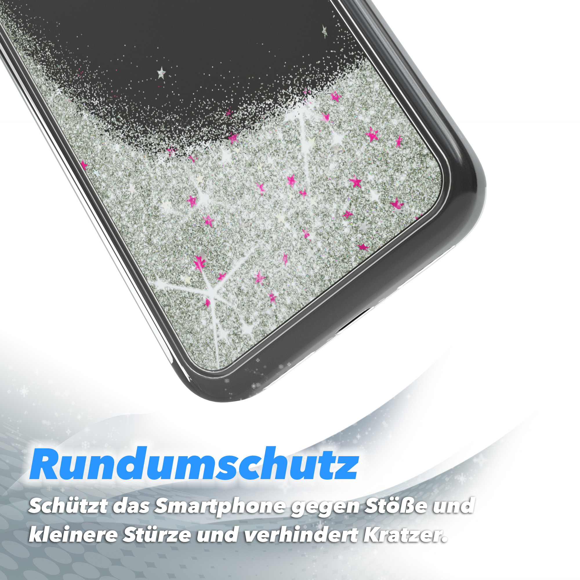 Nahaufnahme einer Handyhülle. Schwarz mit silbernem Glitzer und rosa Sternen. Text: Rundumschutz.