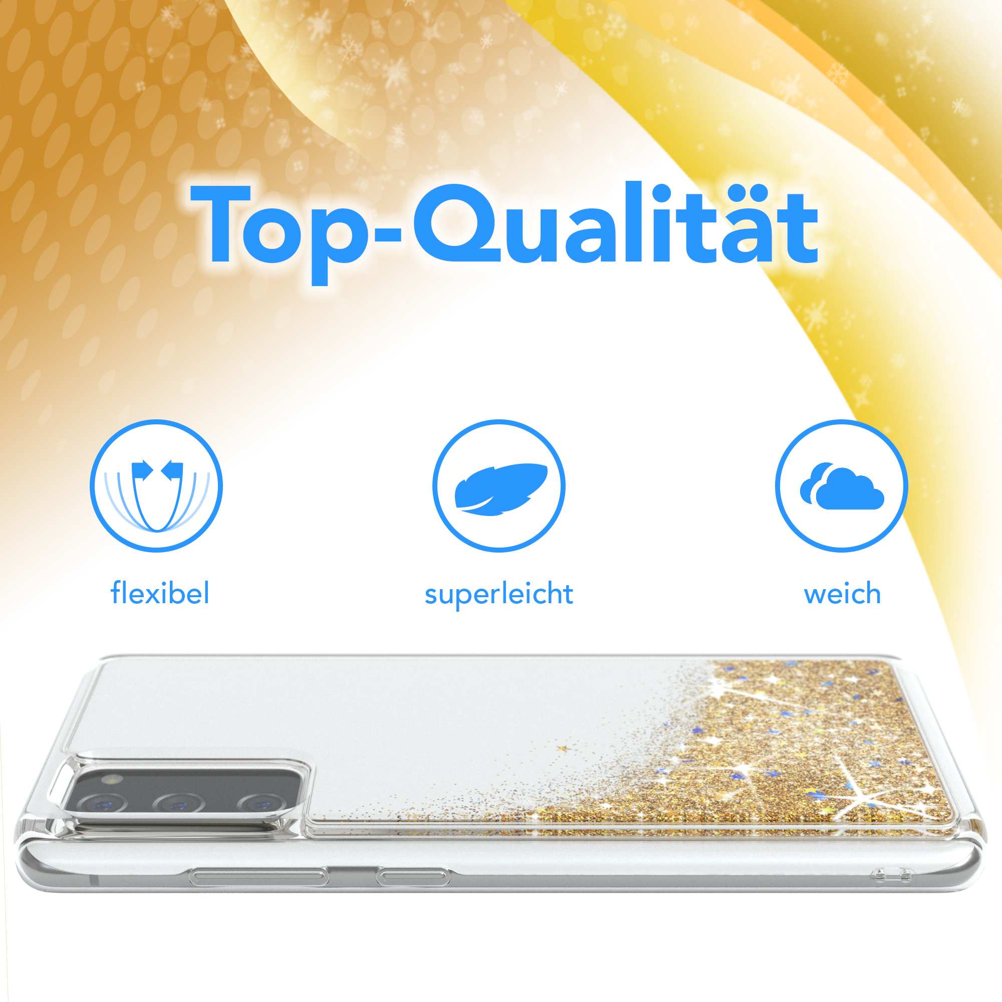 Eine transparente Handyhülle mit goldenem Glitzer und den Worten 'Top-Qualität'. Drei Icons sind zu sehen.